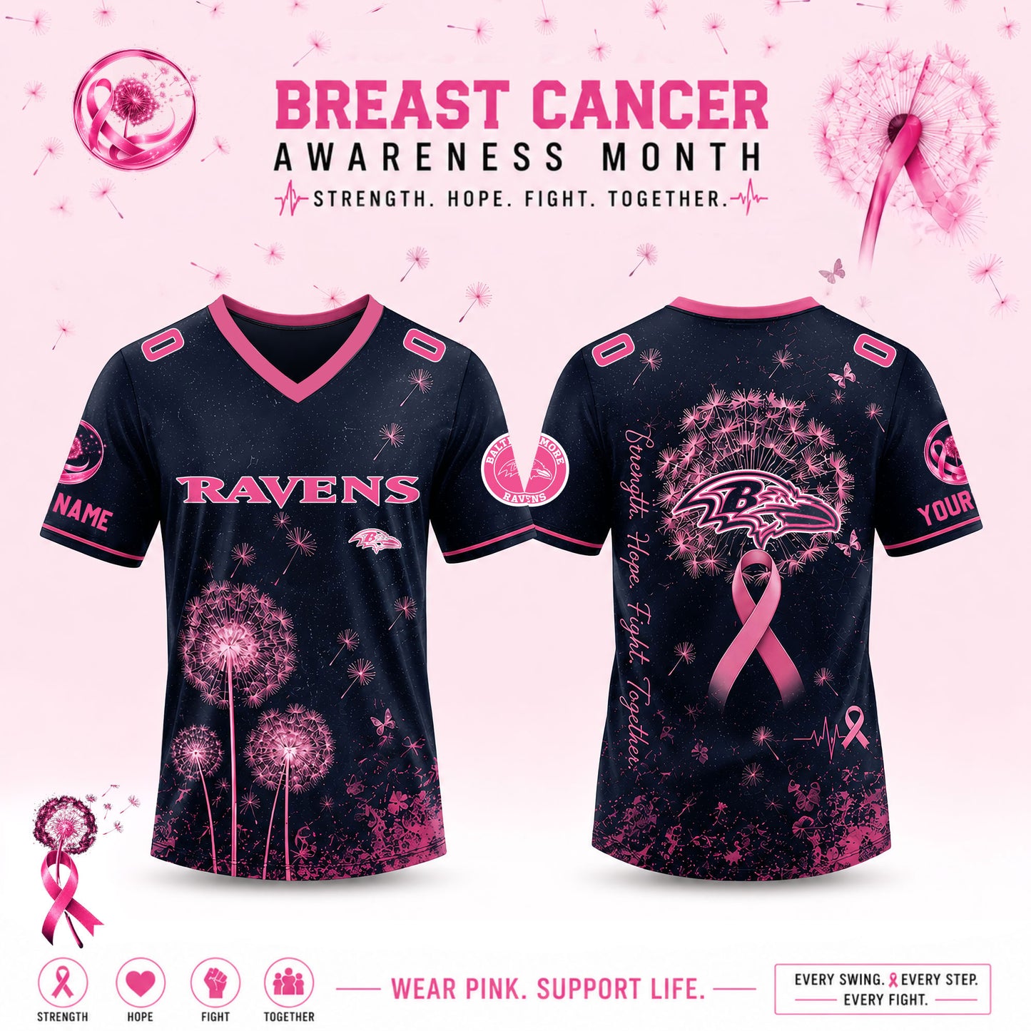 Limited Edition Baltimore Ravens 2026 Breast Cancer Awareness x Dandelion of Hope V-neck Short Sleeve Jersey
