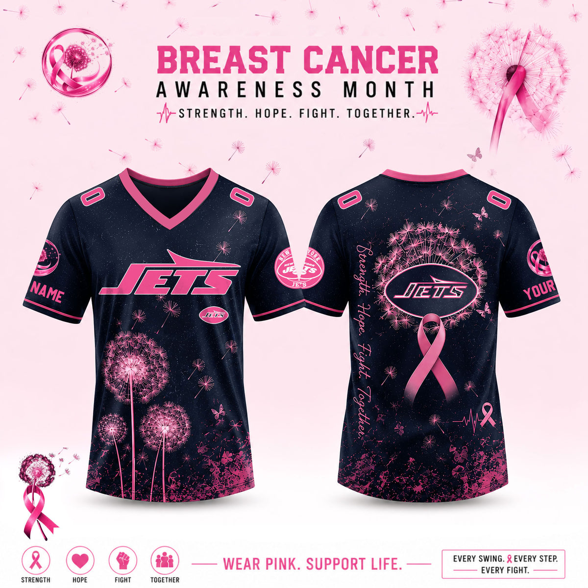 Limited Edition New York Jets 2026 Breast Cancer Awareness x Dandelion of Hope V-neck Short Sleeve Jersey