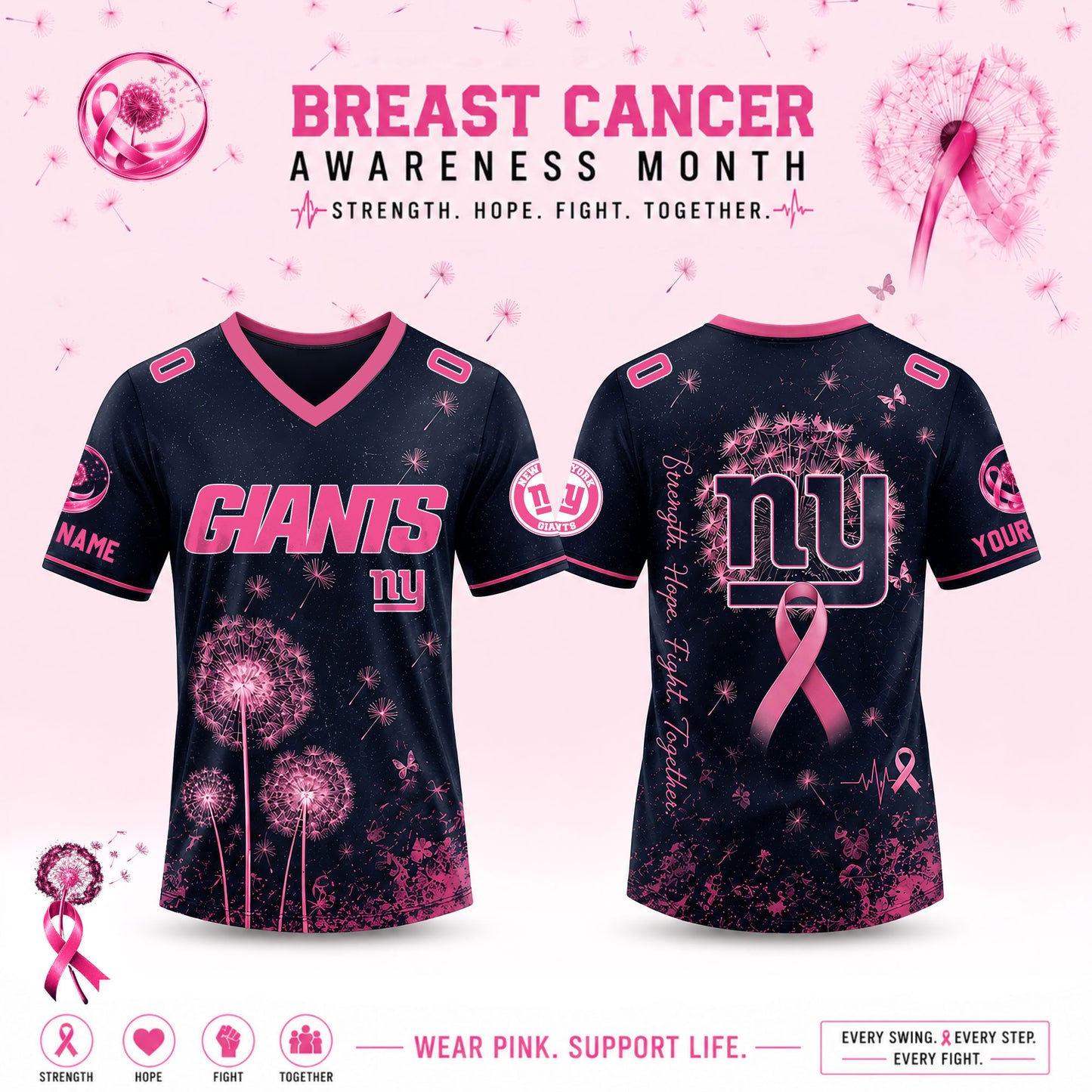 Limited Edition New York Giants 2026 Breast Cancer Awareness x Dandelion of Hope V-neck Short Sleeve Jersey