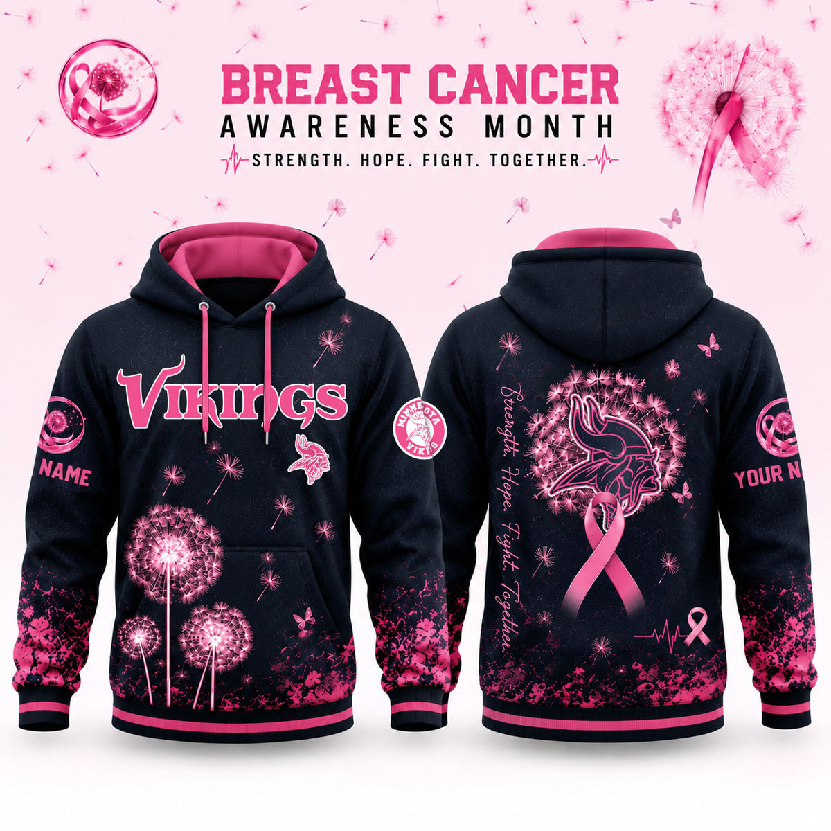 Minnesota Vikings – Breast Cancer Awareness Strength Hope Fight Dandelion Hoodie Edition