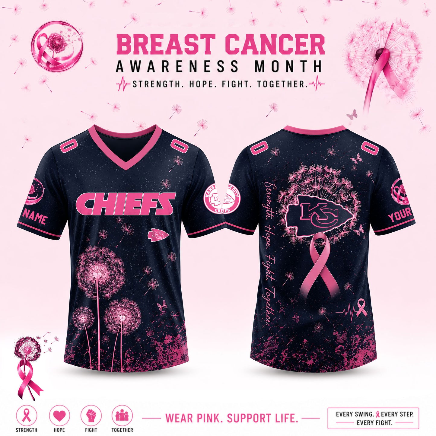 Limited Edition Kansas City Chiefs 2026 Breast Cancer Awareness x Dandelion of Hope V-neck Short Sleeve Jersey
