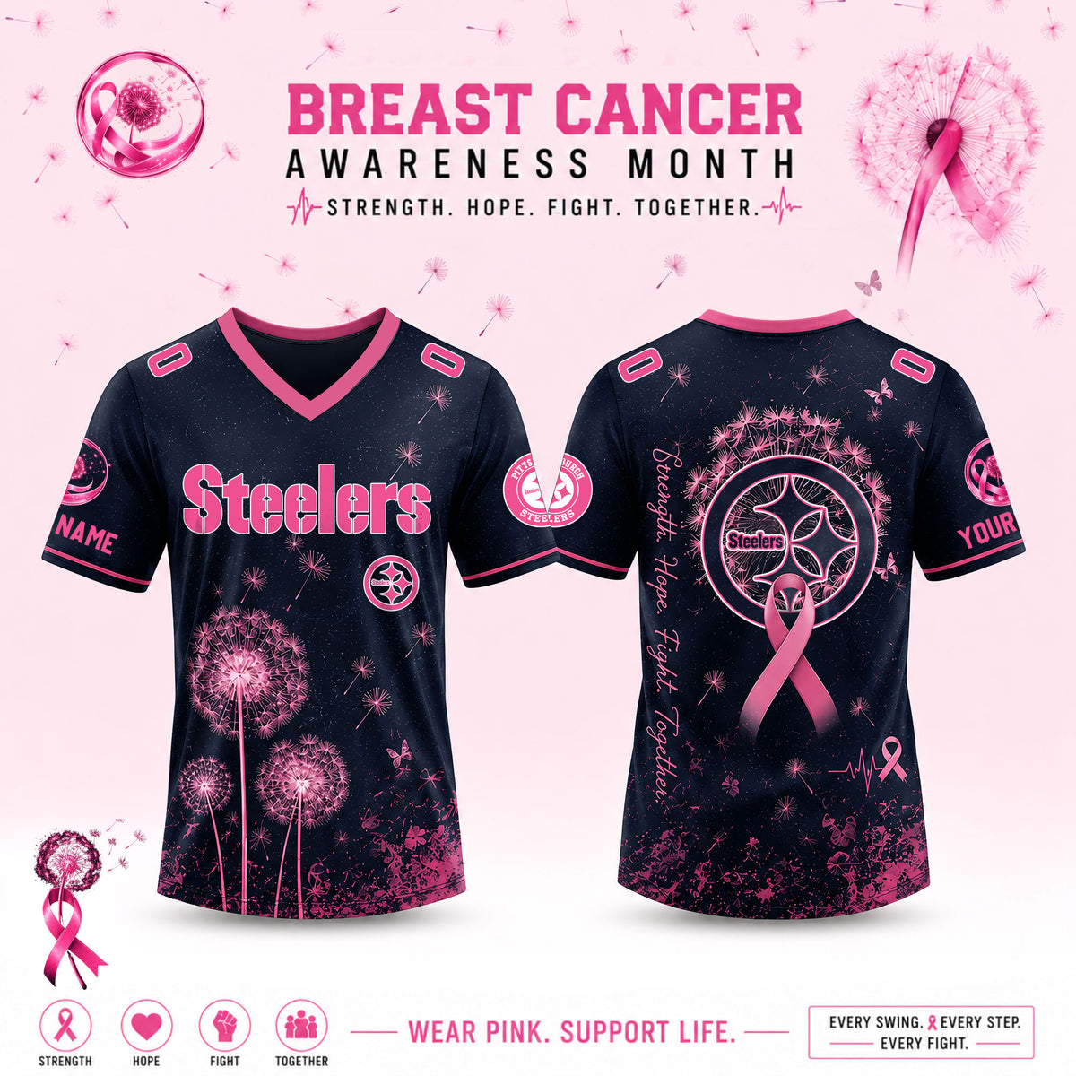 Limited Edition Pittsburgh Steelers 2026 Breast Cancer Awareness x Dandelion of Hope V-neck Short Sleeve Jersey