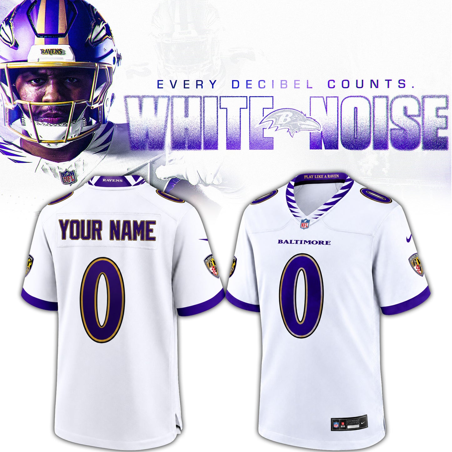 Ravens White Noise Jersey Custom Name Number