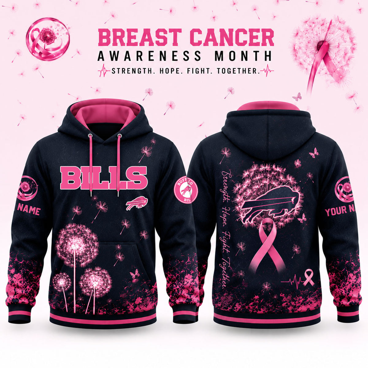 Buffalo Bills – Breast Cancer Awareness Strength Hope Fight Dandelion Hoodie Edition