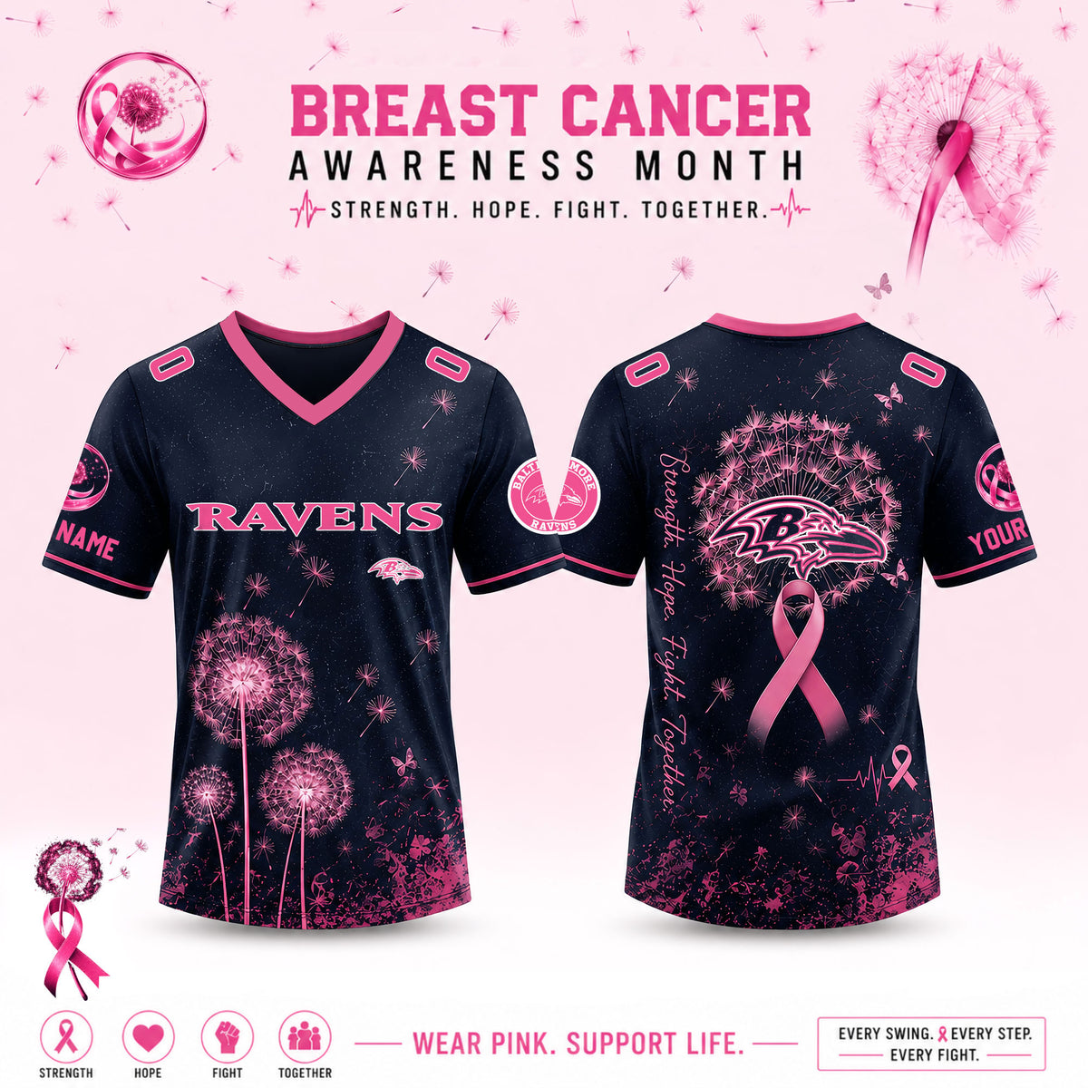 Limited Edition Baltimore Ravens 2026 Breast Cancer Awareness x Dandelion of Hope V-neck Short Sleeve Jersey