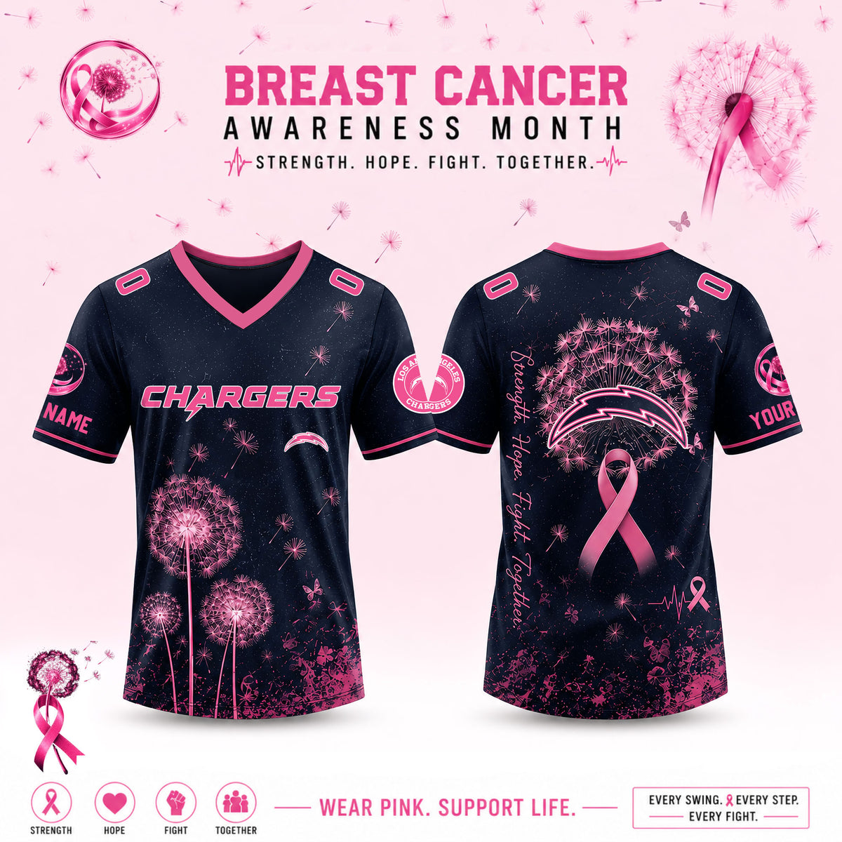 Limited Edition Los Angeles Chargers 2026 Breast Cancer Awareness x Dandelion of Hope V-neck Short Sleeve Jersey