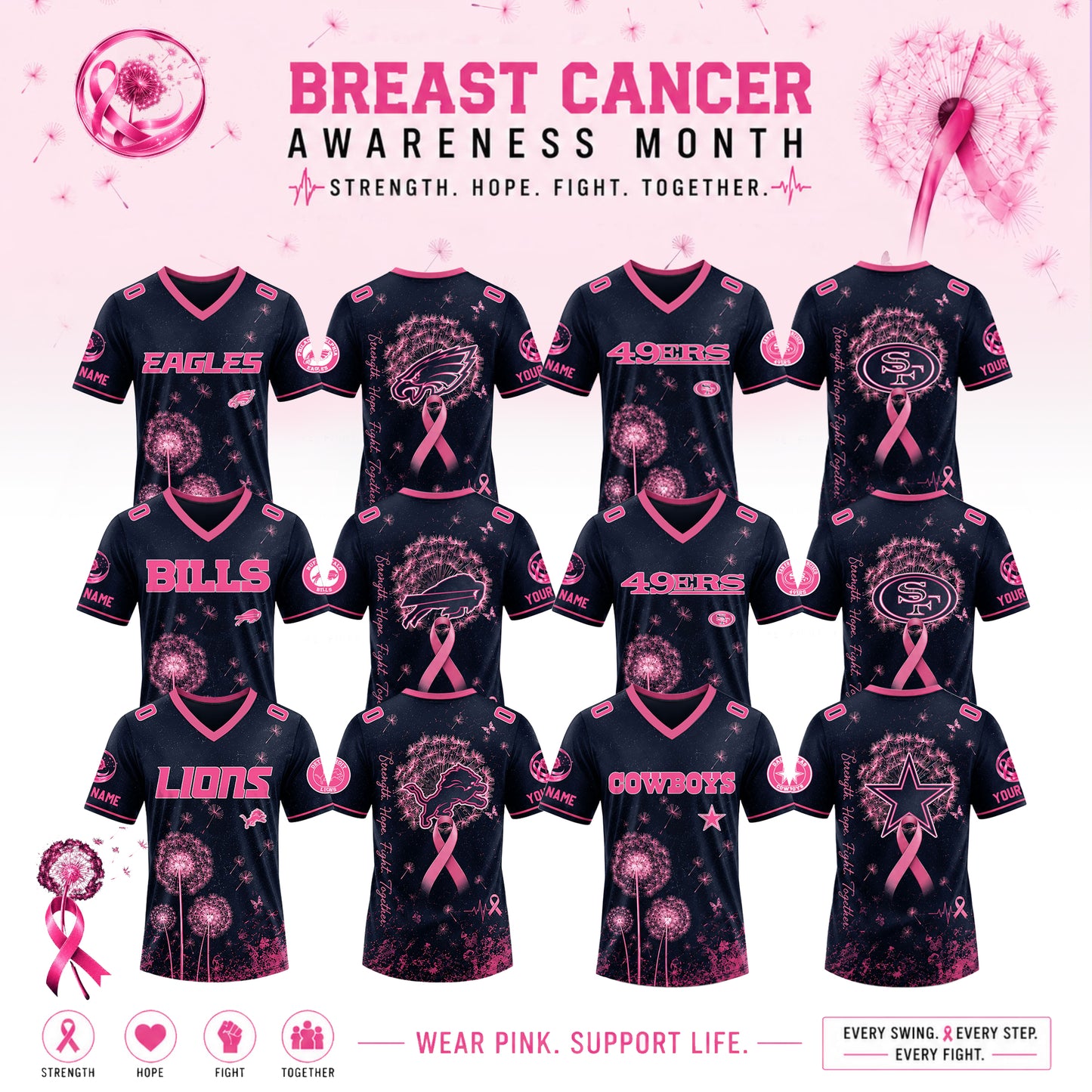 Full Team NFL 2026 Breast Cancer Awareness x Dandelion of Hope V-neck Short Sleeve Jersey