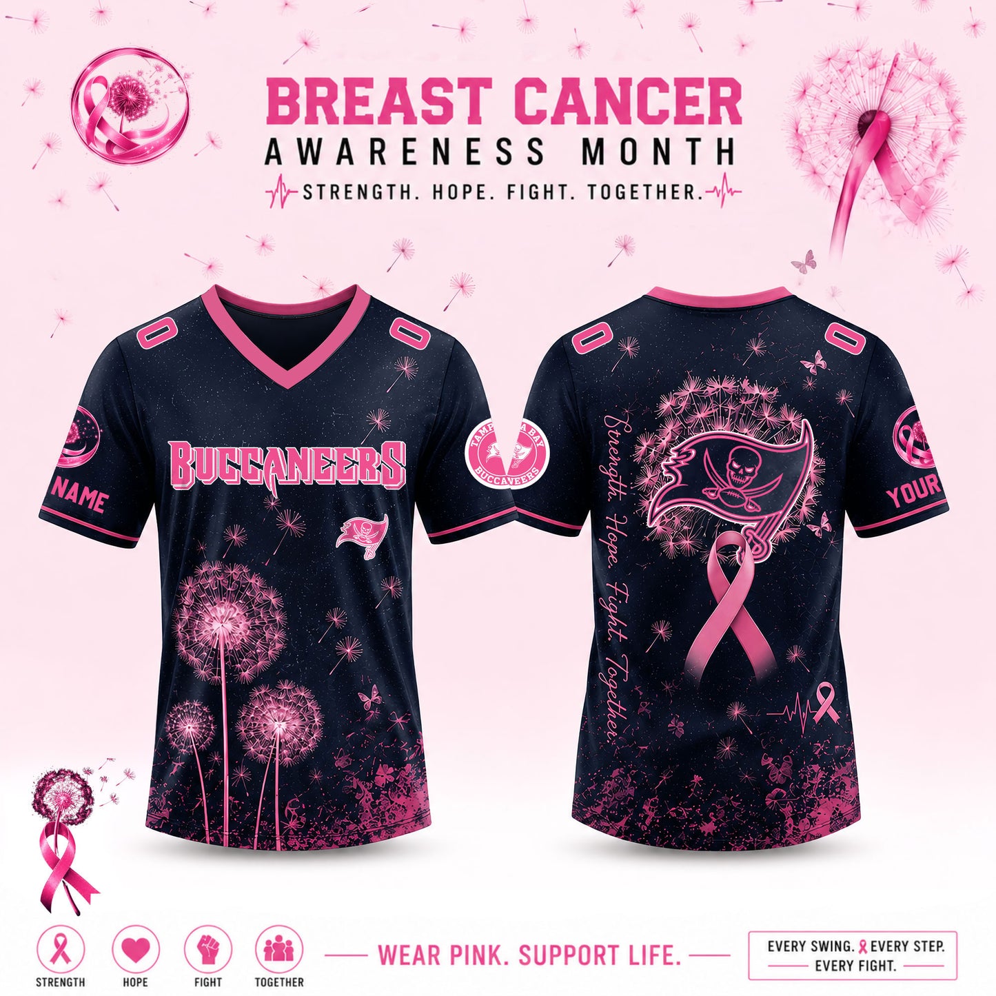 Limited Edition Tampa Bay Buccaneers 2026 Breast Cancer Awareness x Dandelion of Hope V-neck Short Sleeve Jersey