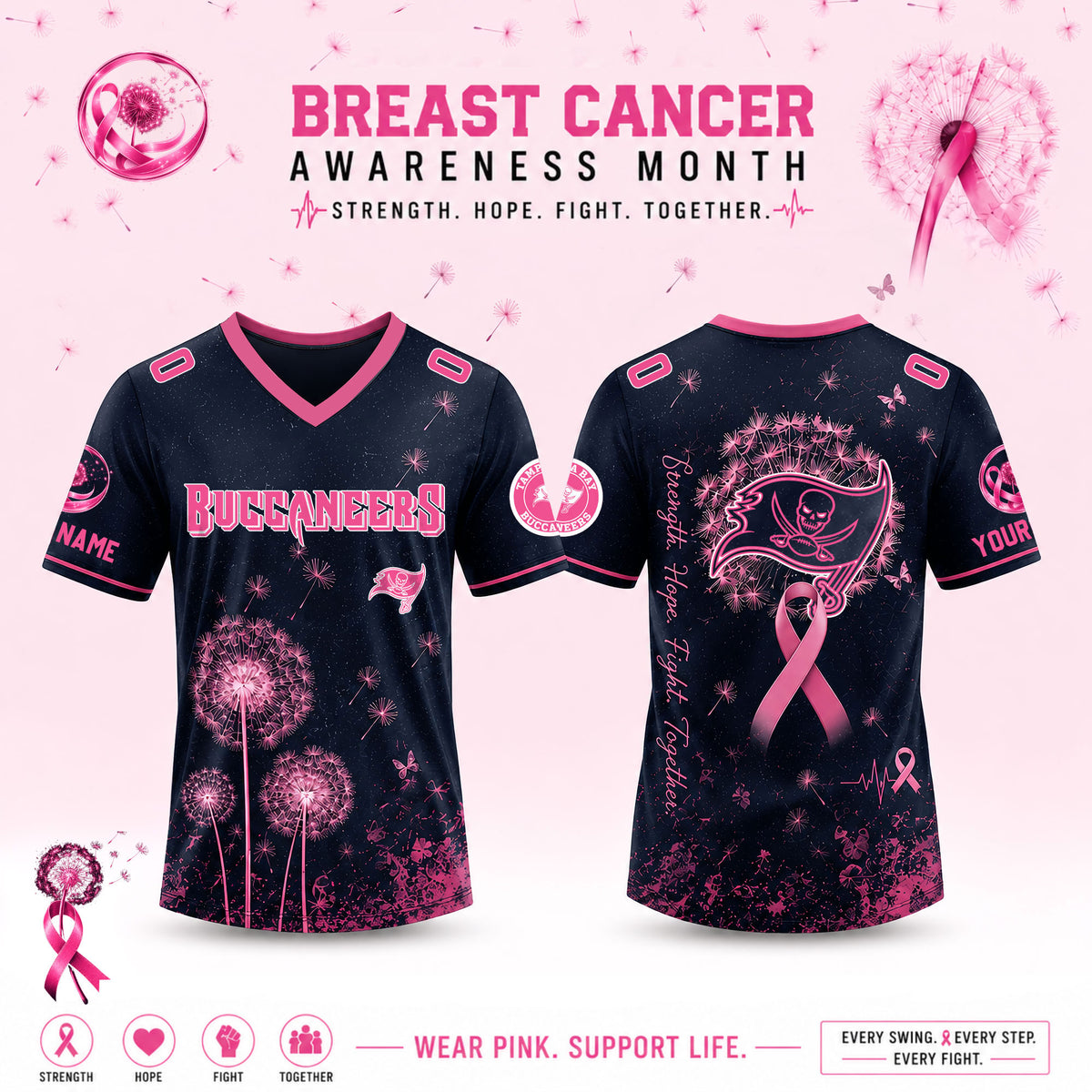 Limited Edition Tampa Bay Buccaneers 2026 Breast Cancer Awareness x Dandelion of Hope V-neck Short Sleeve Jersey