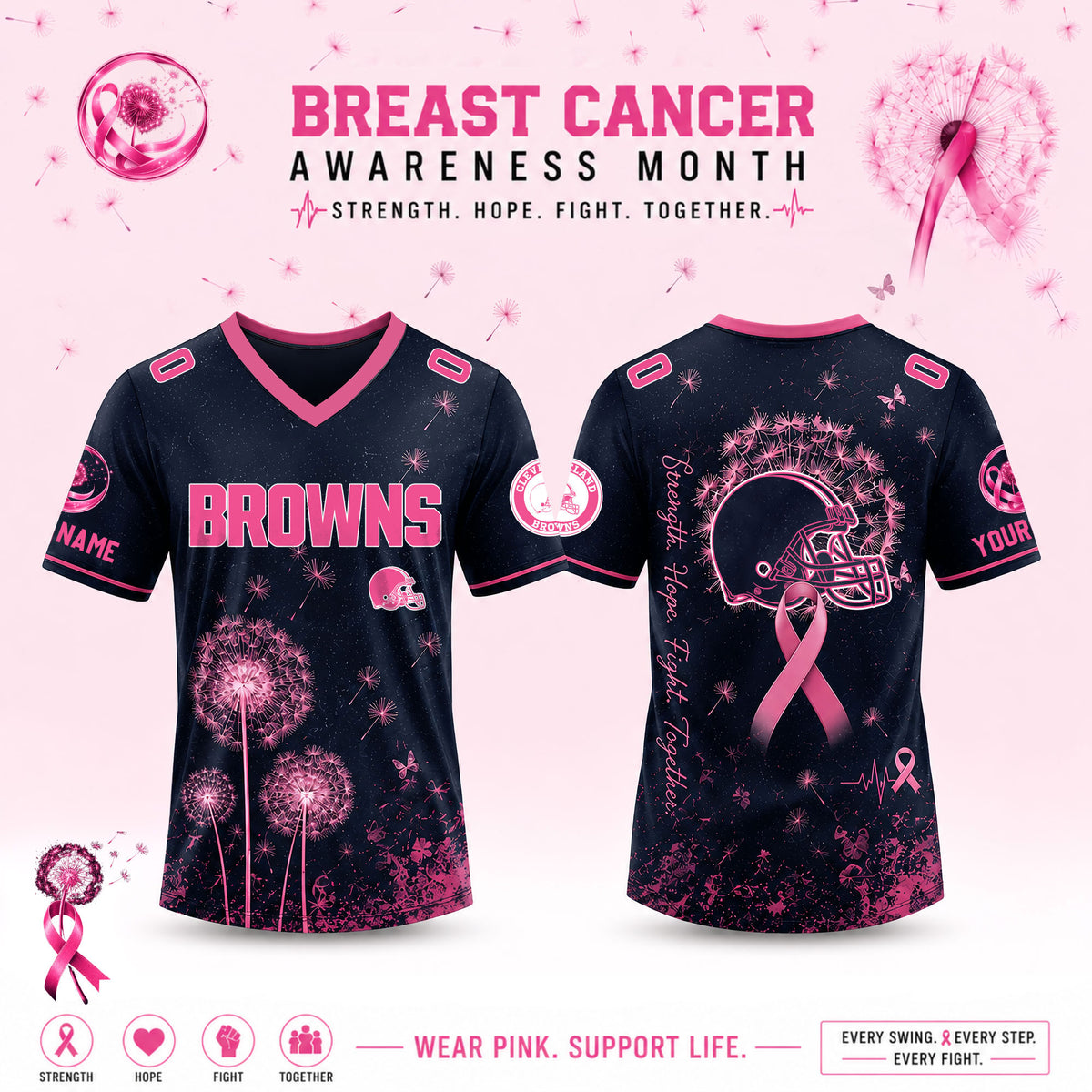 Limited Edition Cleveland Browns 2026 Breast Cancer Awareness x Dandelion of Hope V-neck Short Sleeve Jersey