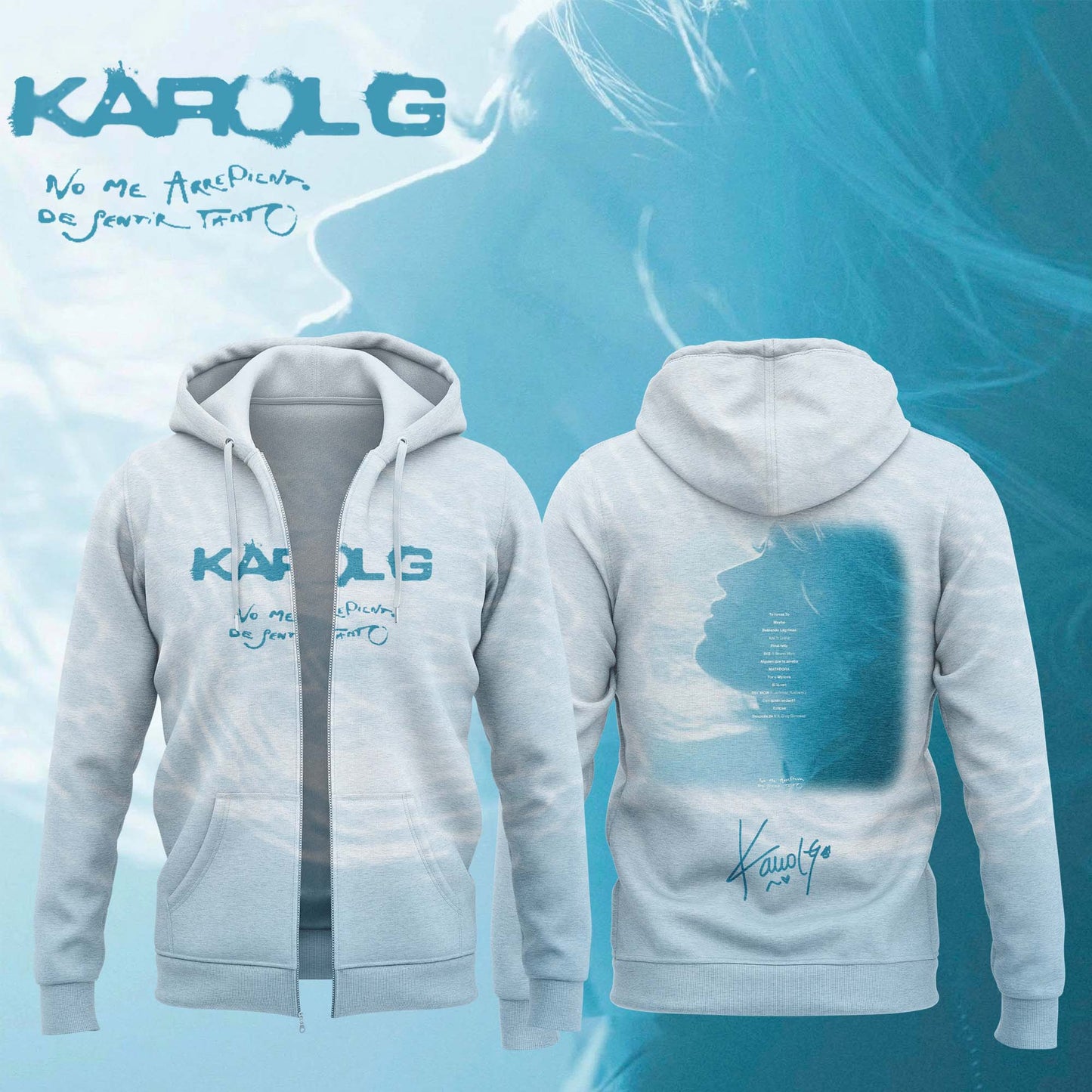 ,KaRol G Album “NO ME ARREPIENTO DE SENTIR TANTO” 🩵 – Zip Hoodie
