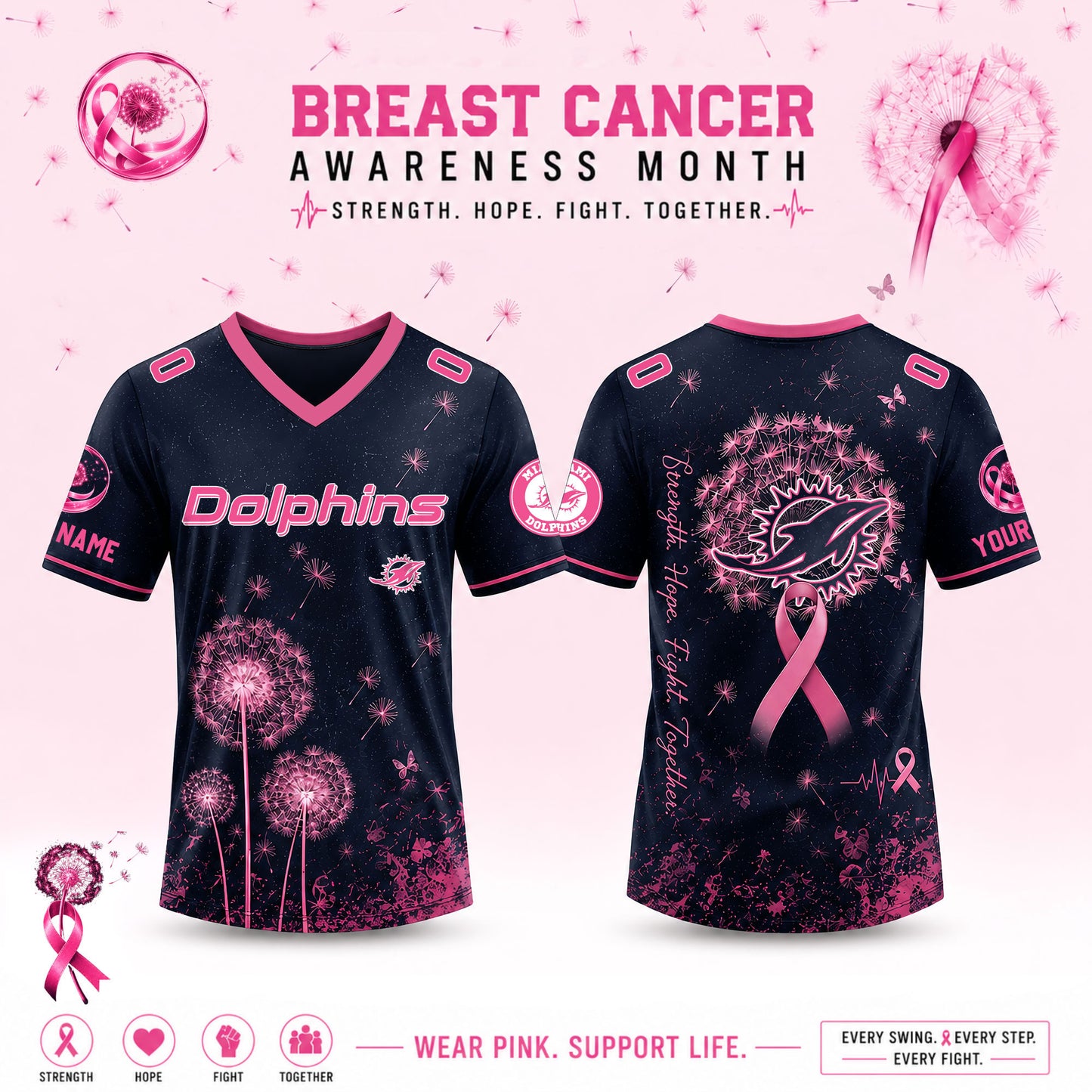 Limited Edition Miami Dolphins 2026 Breast Cancer Awareness x Dandelion of Hope V-neck Short Sleeve Jersey