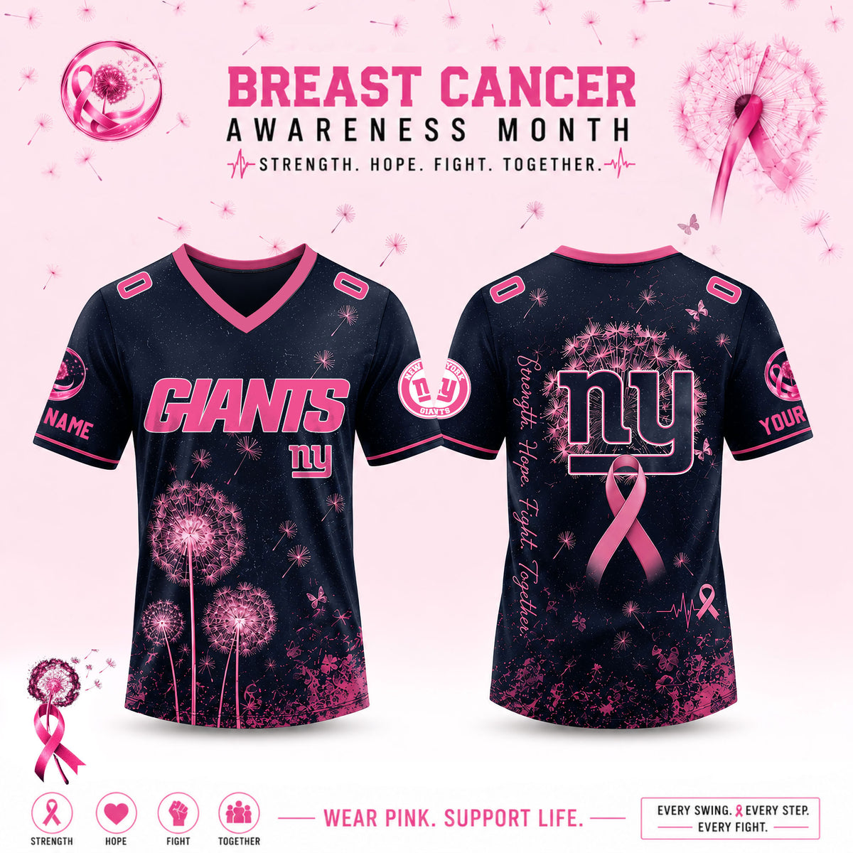 Limited Edition New York Giants 2026 Breast Cancer Awareness x Dandelion of Hope V-neck Short Sleeve Jersey