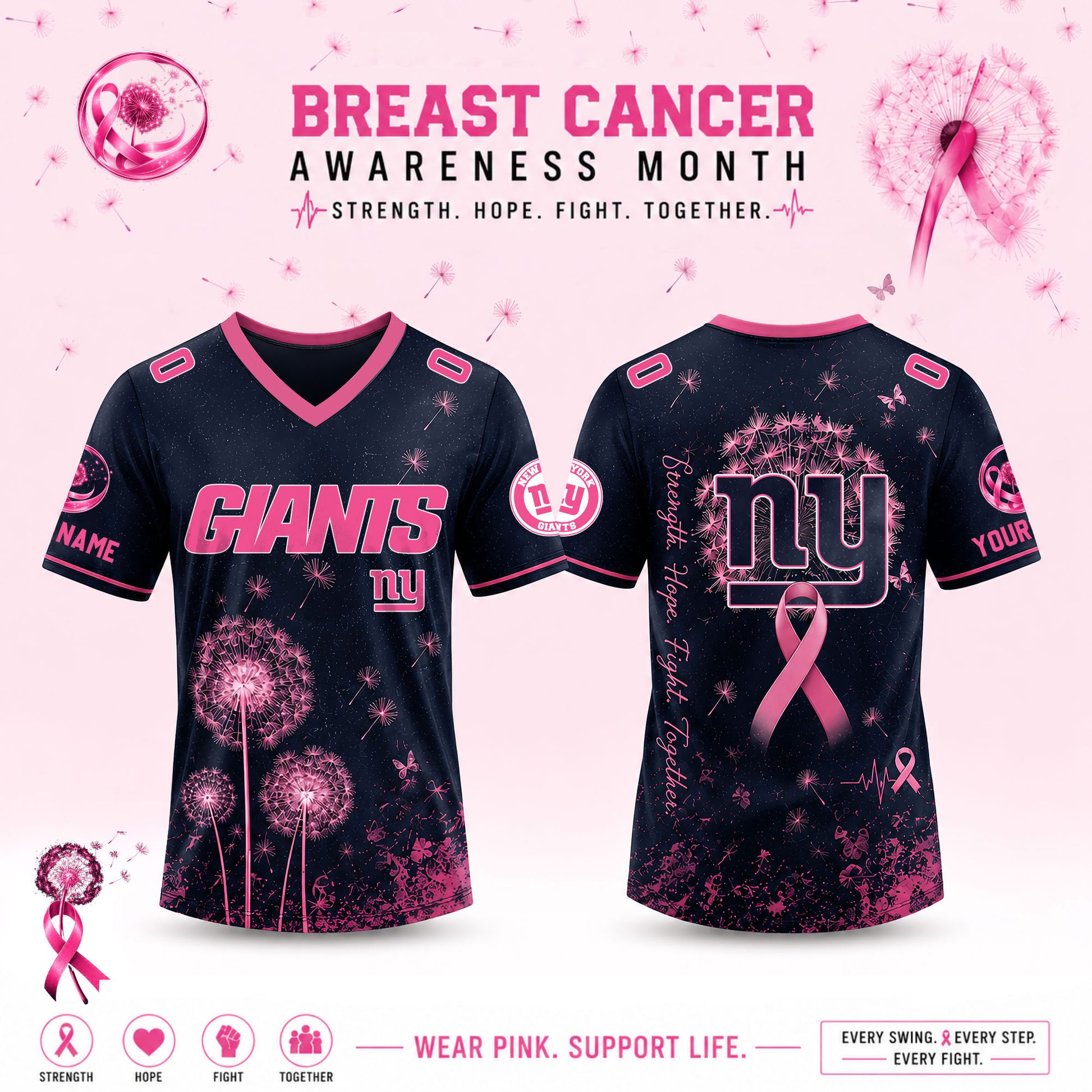 Limited Edition New York Giants 2026 Breast Cancer Awareness x Dandelion of Hope V-neck Short Sleeve Jersey