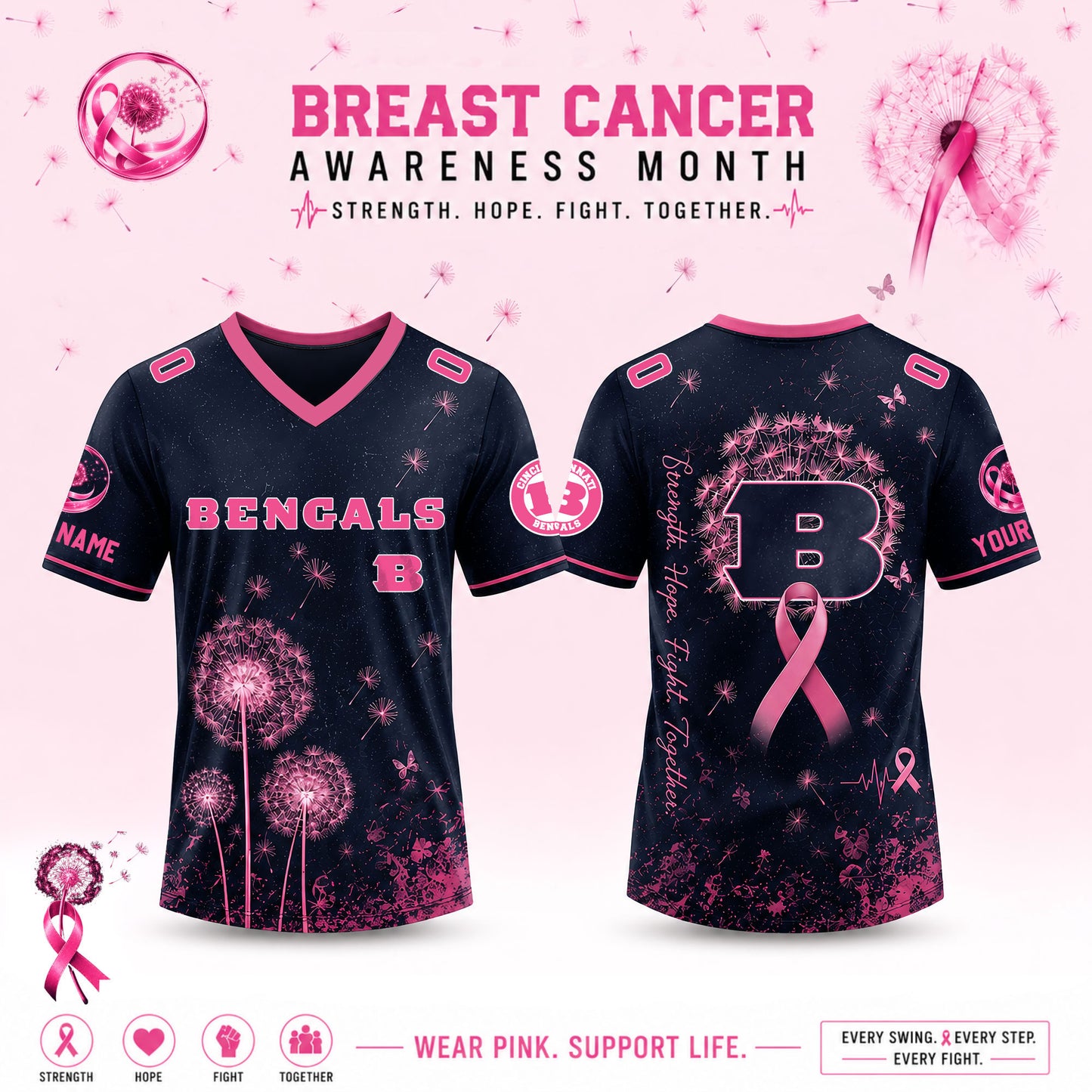 Limited Edition Cincinnati Bengals 2026 Breast Cancer Awareness x Dandelion of Hope V-neck Short Sleeve Jersey
