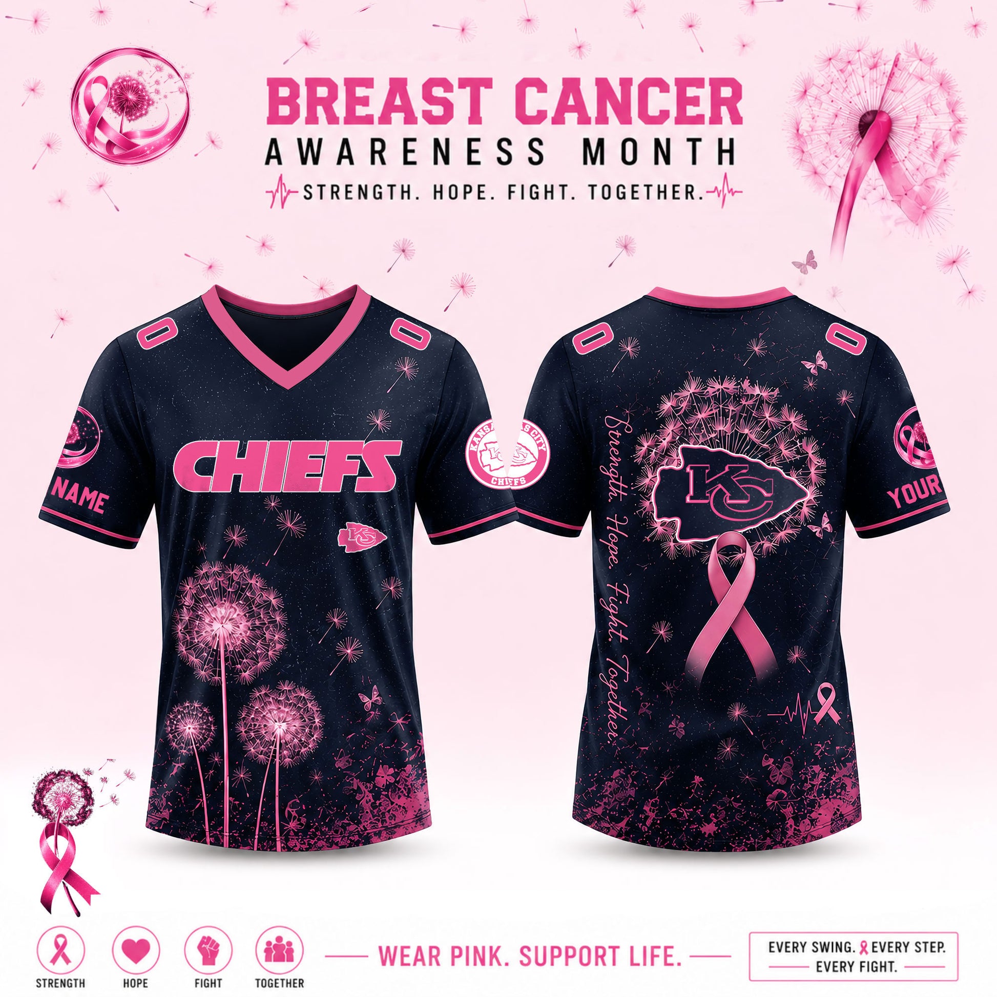 Limited Edition Kansas City Chiefs 2026 Breast Cancer Awareness x Dandelion of Hope V-neck Short Sleeve Jersey
