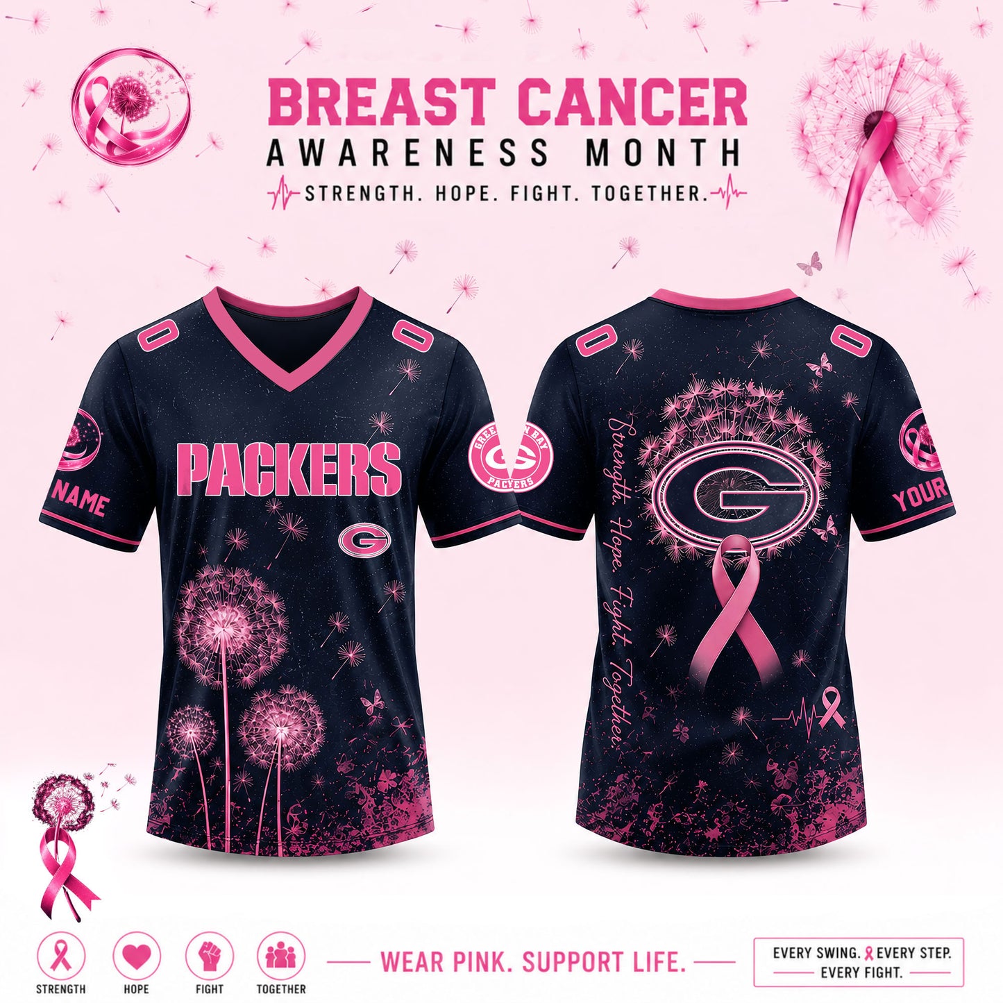 Limited Edition Green Bay Packers 2026 Breast Cancer Awareness x Dandelion of Hope V-neck Short Sleeve Jersey