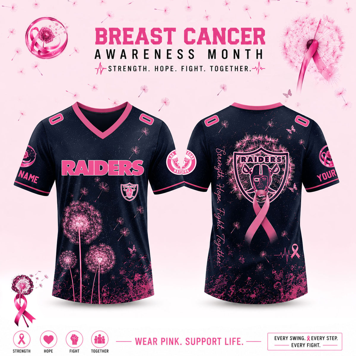 Limited Edition Las Vegas Raiders 2026 Breast Cancer Awareness x Dandelion of Hope V-neck Short Sleeve Jersey