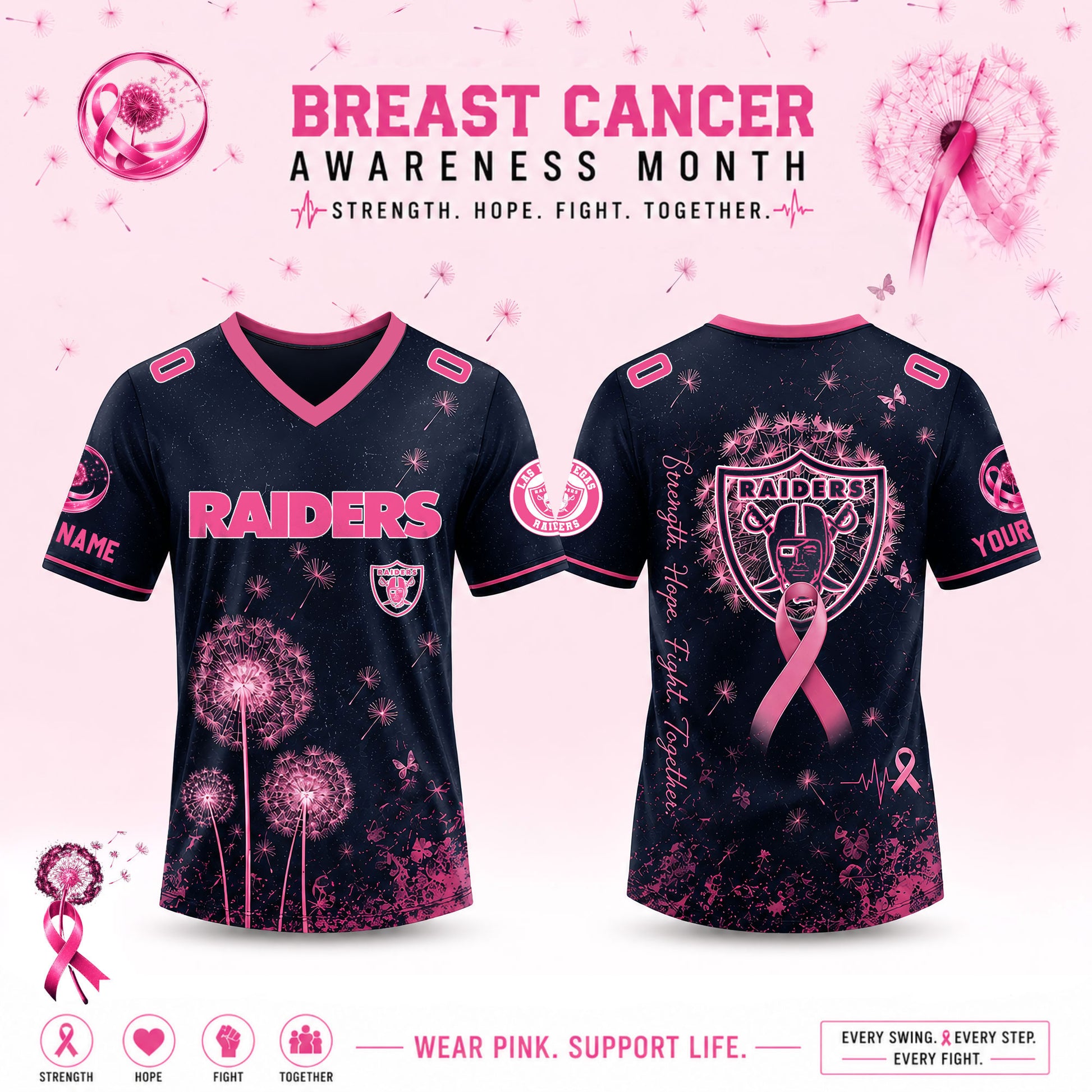 Limited Edition Las Vegas Raiders 2026 Breast Cancer Awareness x Dandelion of Hope V-neck Short Sleeve Jersey