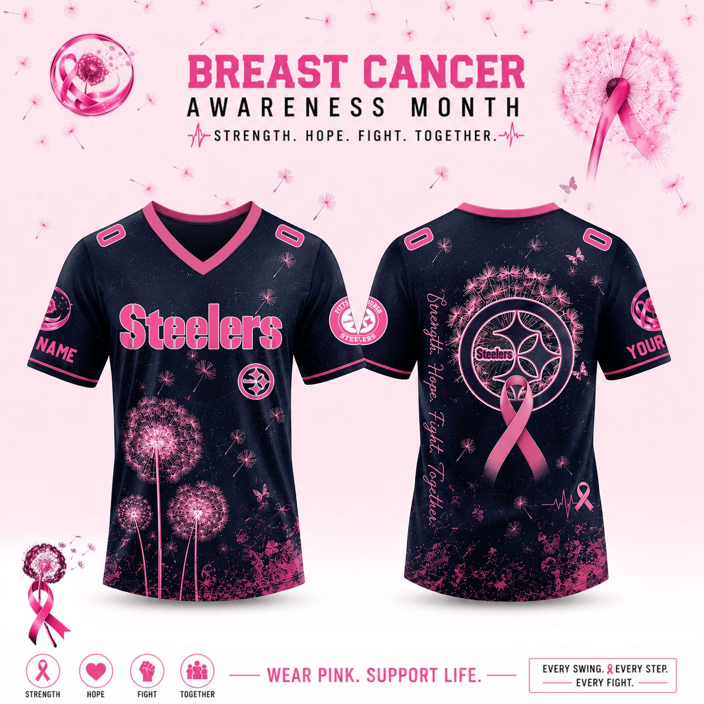 Limited Edition Pittsburgh Steelers 2026 Breast Cancer Awareness x Dandelion of Hope V-neck Short Sleeve Jersey