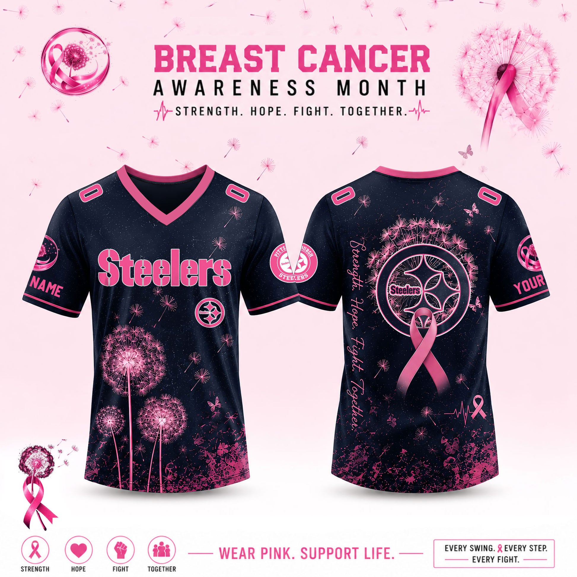 Limited Edition Pittsburgh Steelers 2026 Breast Cancer Awareness x Dandelion of Hope V-neck Short Sleeve Jersey
