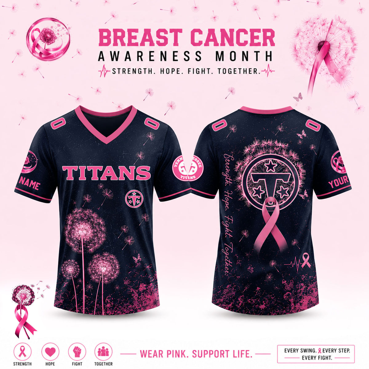 Limited Edition Tennessee Titans 2026 Breast Cancer Awareness x Dandelion of Hope V-neck Short Sleeve Jersey