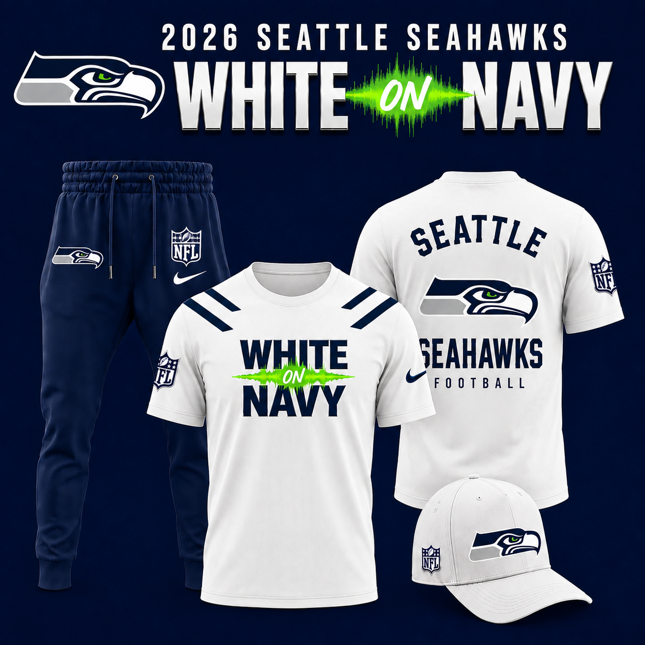 Seattle Seahawks - White on Navy 2026 Limited Edition Tshirt