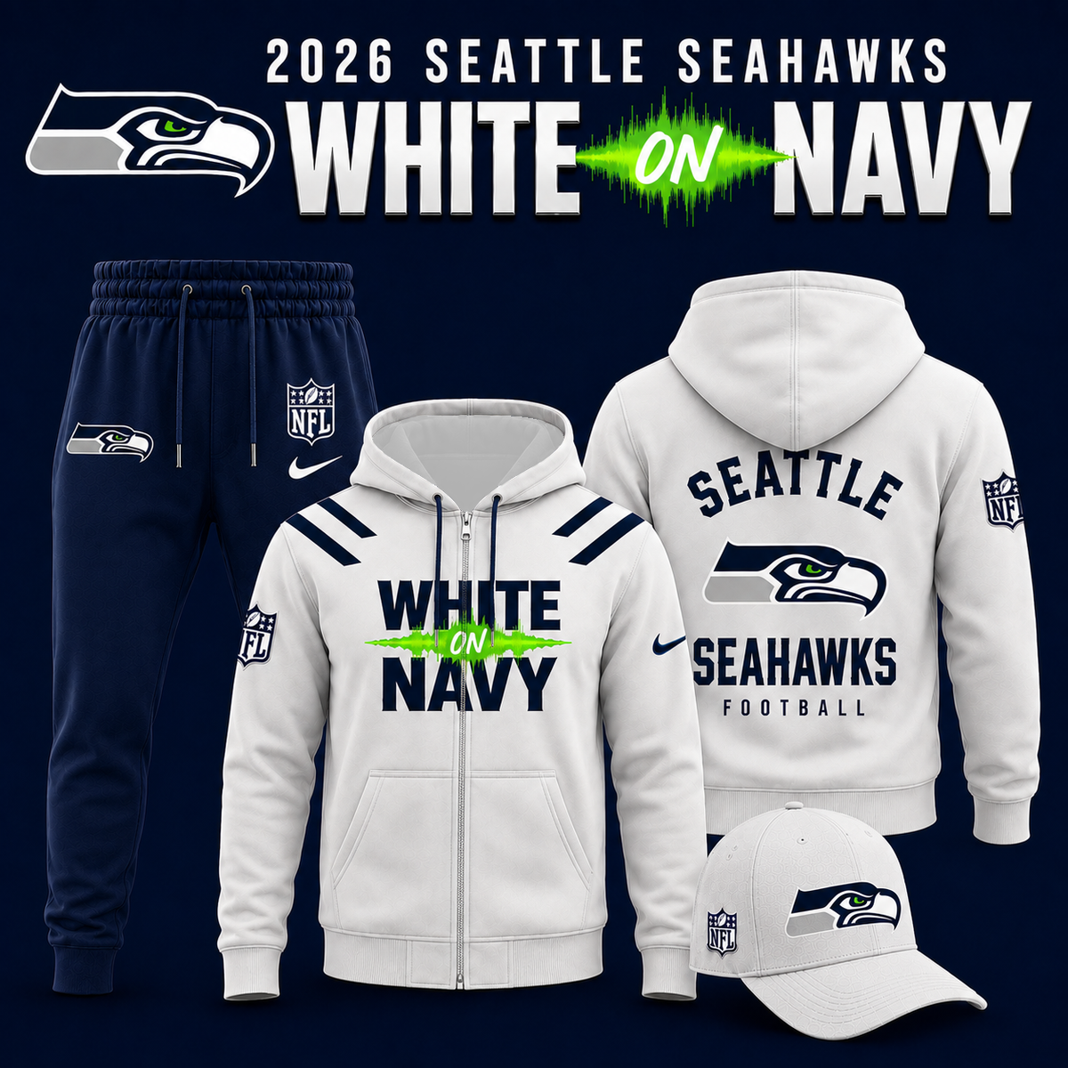Seattle Seahawks - White on Navy 2026 Limited Edition Ziphoodie