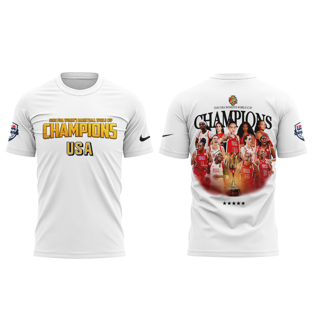 .  Team USA FIBA World Cup 2026 FIBA WOMEN’S WORLD CUP CHAMPIONS White Shirt