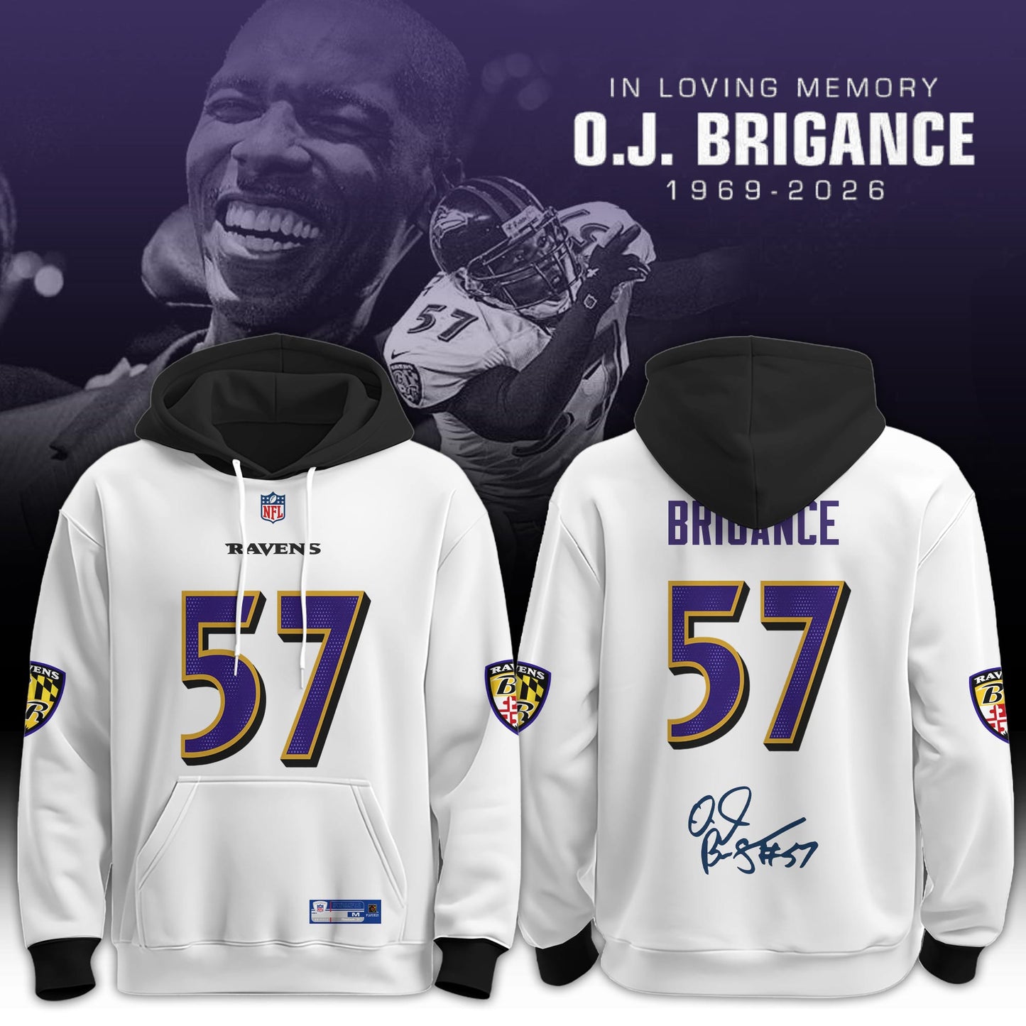 In Loving Memory O.J. Brigance 57 Memorial Football Jersey – White Tribute Fan Hoodie