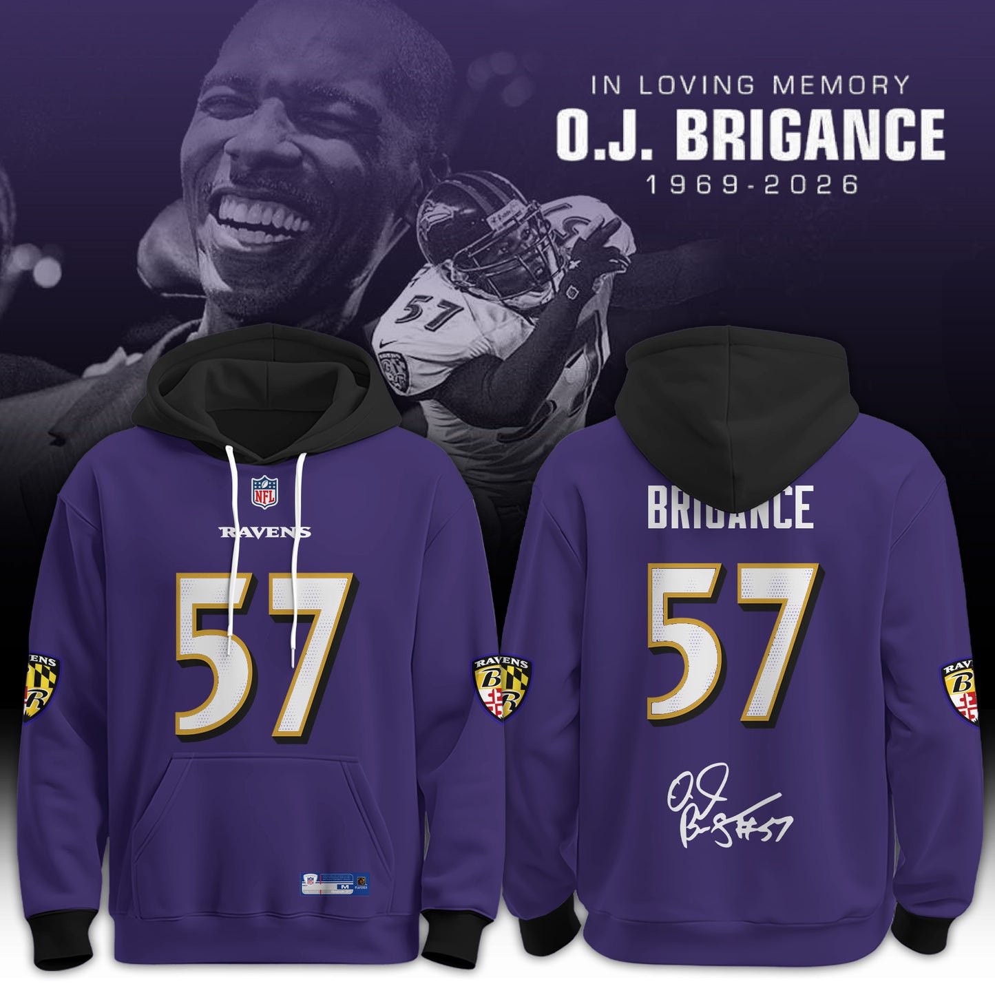 In Loving Memory O.J. Brigance 57 Memorial Football Jersey – Purple Tribute Fan Hoodie