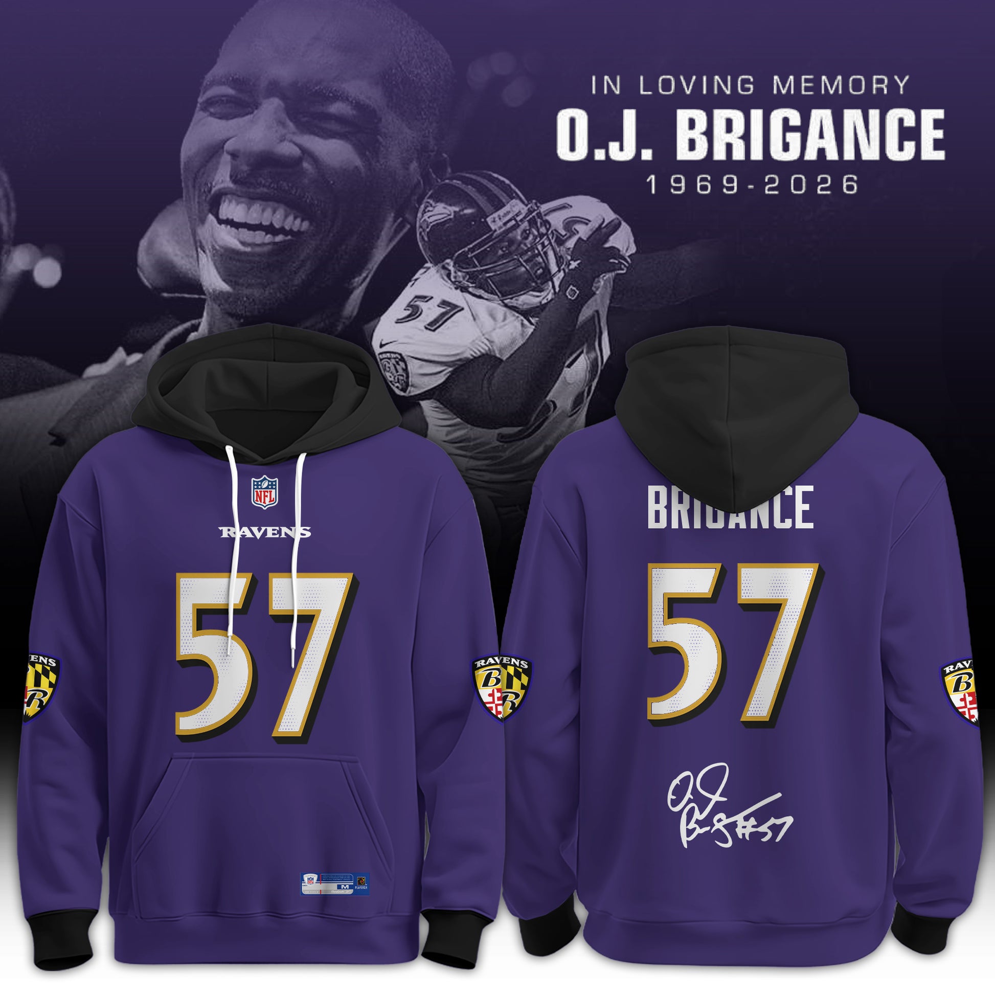 In Loving Memory O.J. Brigance 57 Memorial Football Jersey – Purple Tribute Fan Hoodie