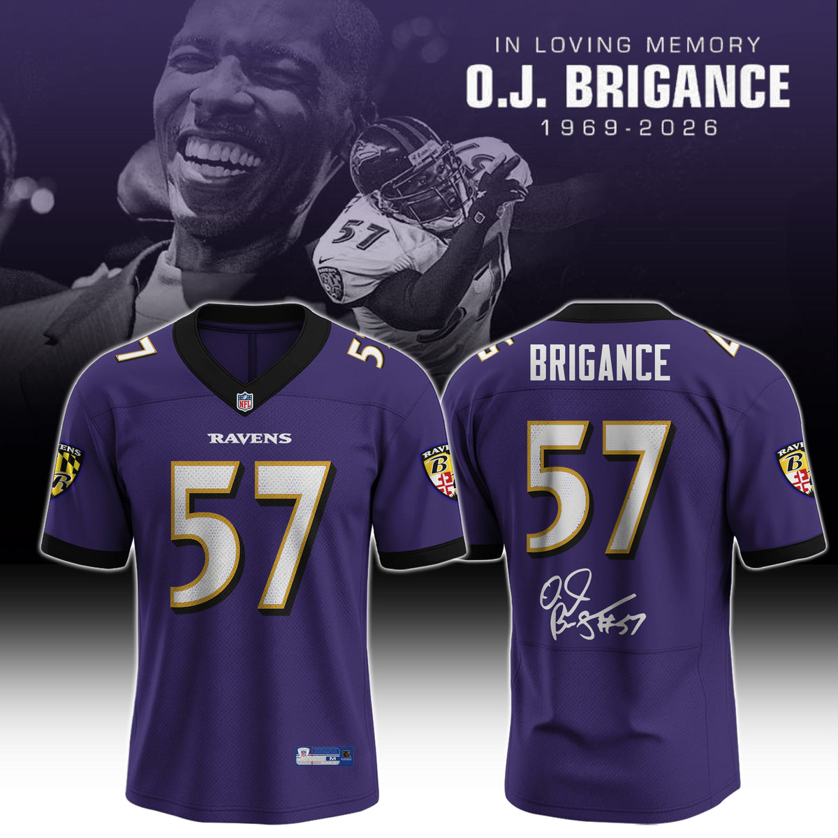 In Loving Memory O.J. Brigance 57 Memorial Football Jersey – Purple Tribute Fan Jersey