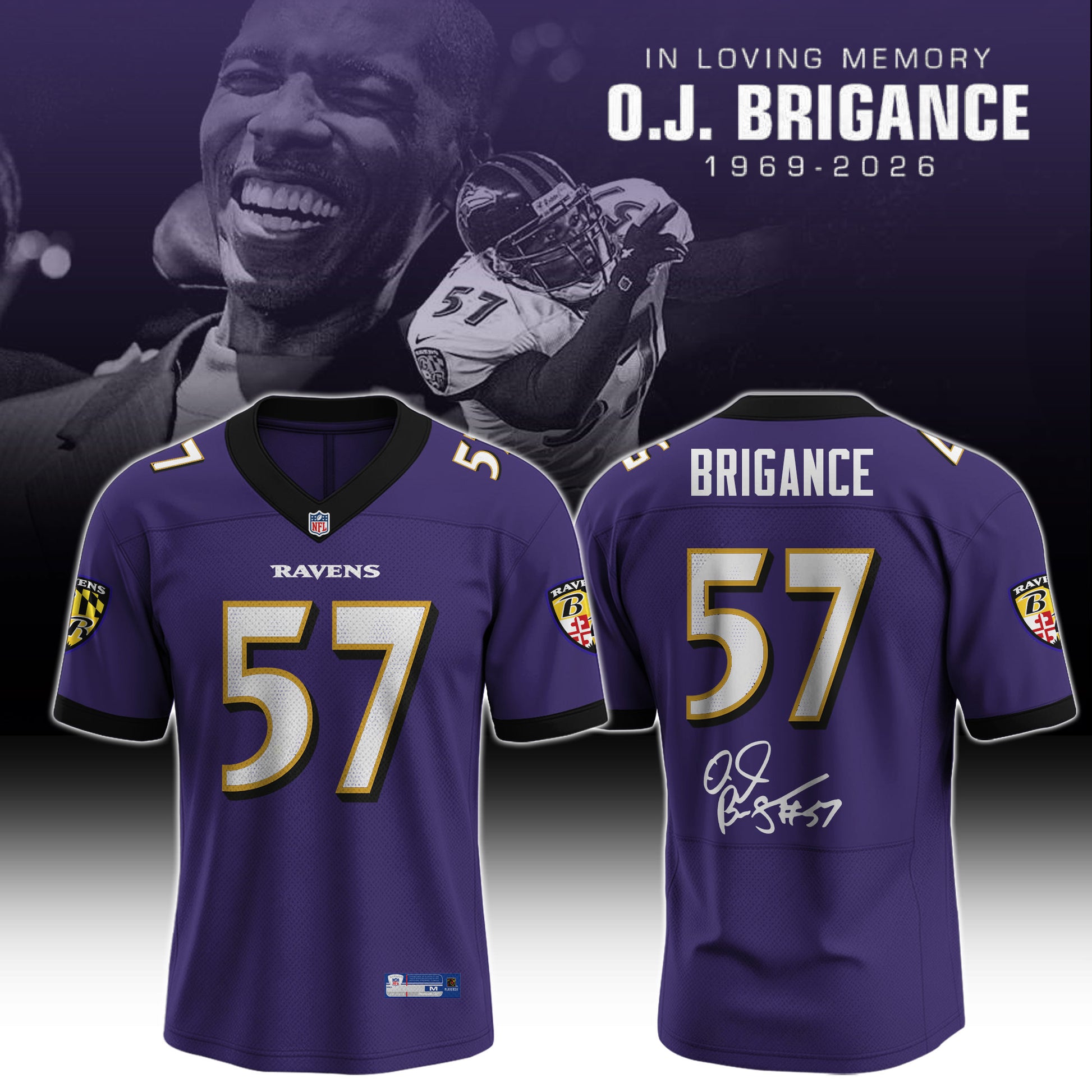 In Loving Memory O.J. Brigance 57 Memorial Football Jersey – Purple Tribute Fan Jersey