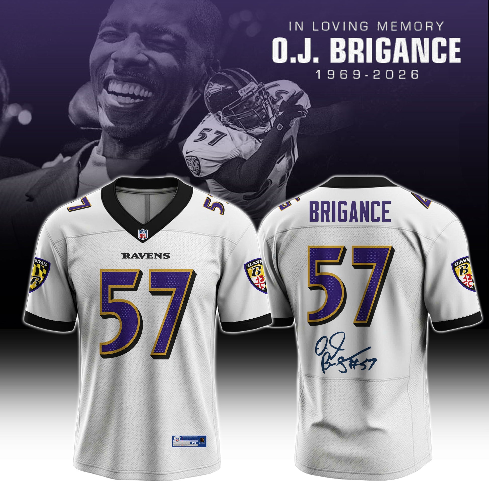 In Loving Memory O.J. Brigance 57 Memorial Football Jersey – White Tribute Fan Jersey