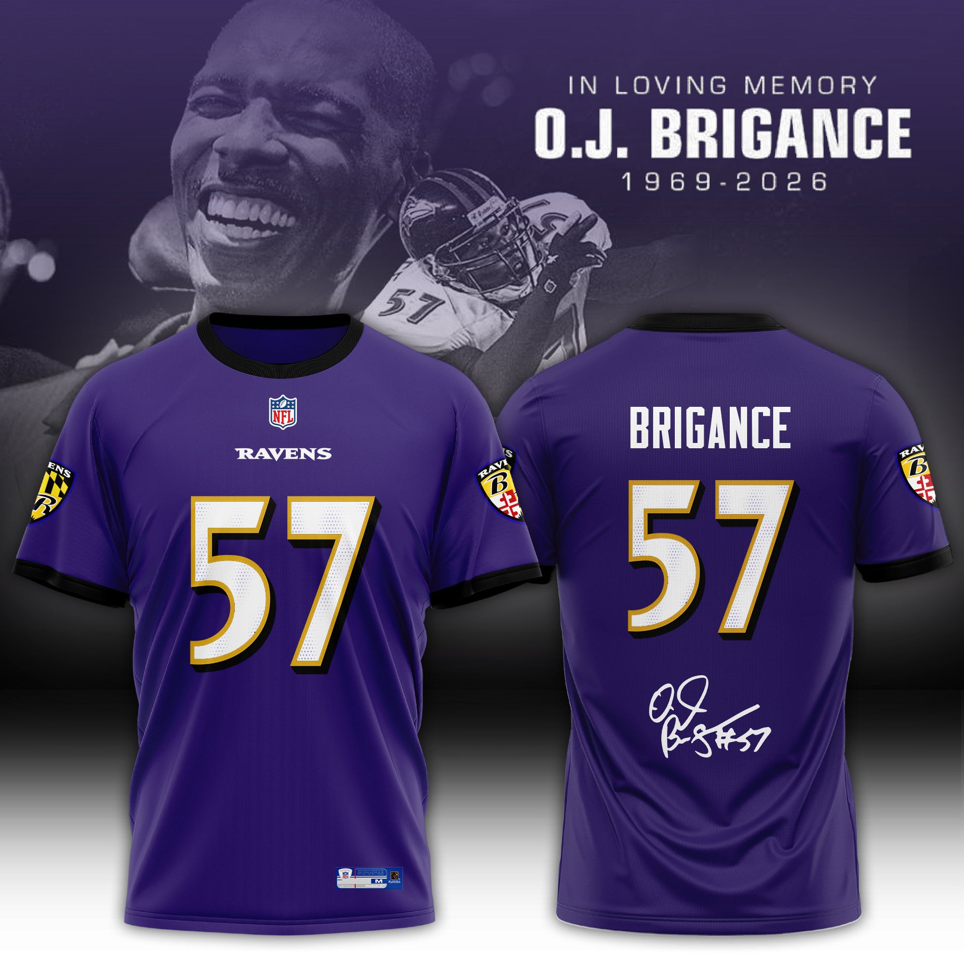 In Loving Memory O.J. Brigance 57 Memorial Football Jersey – Purple Tribute Fan Tshirt