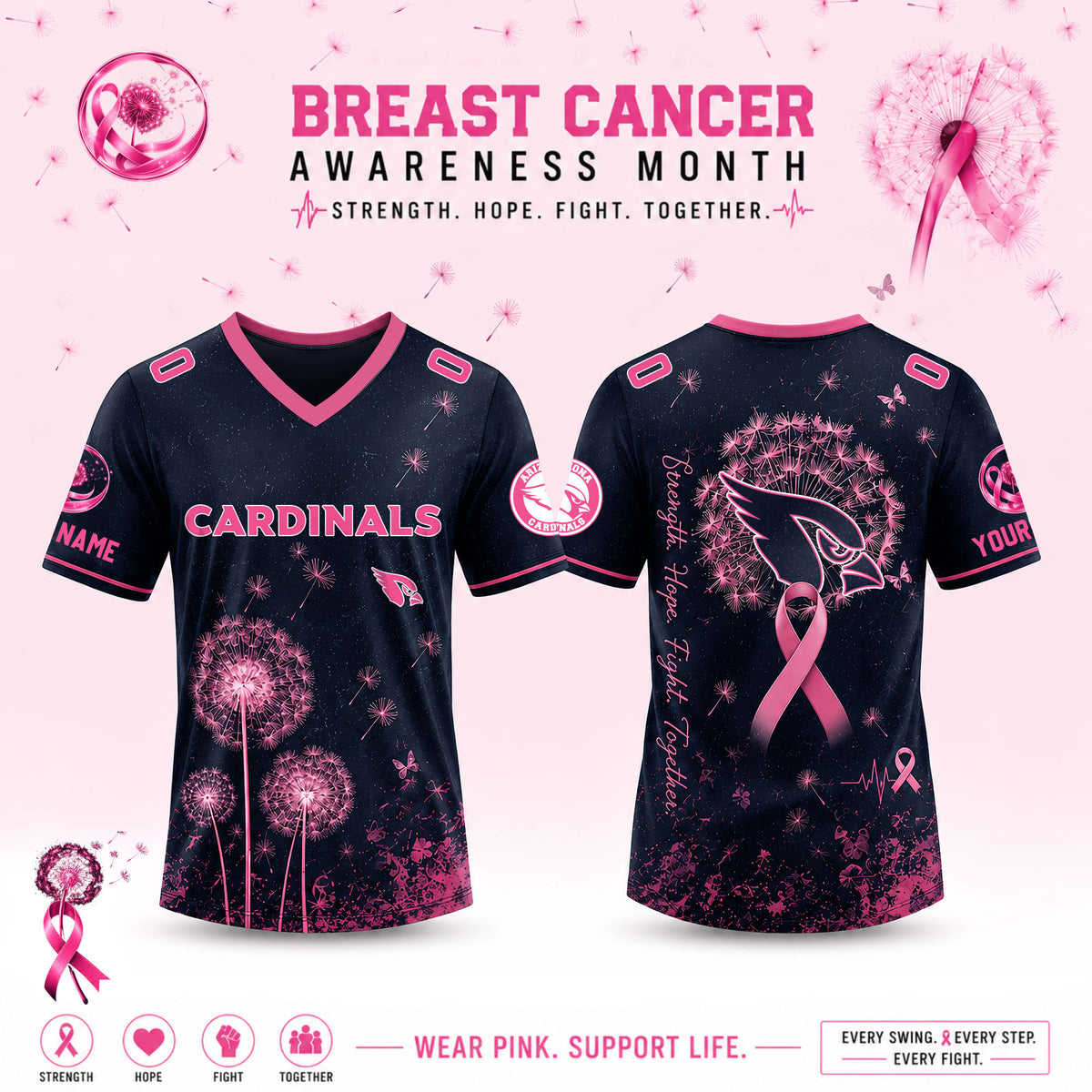 Limited Edition Arizona Cardinals 2026 Breast Cancer Awareness x Dandelion of Hope V-neck Short Sleeve Jersey