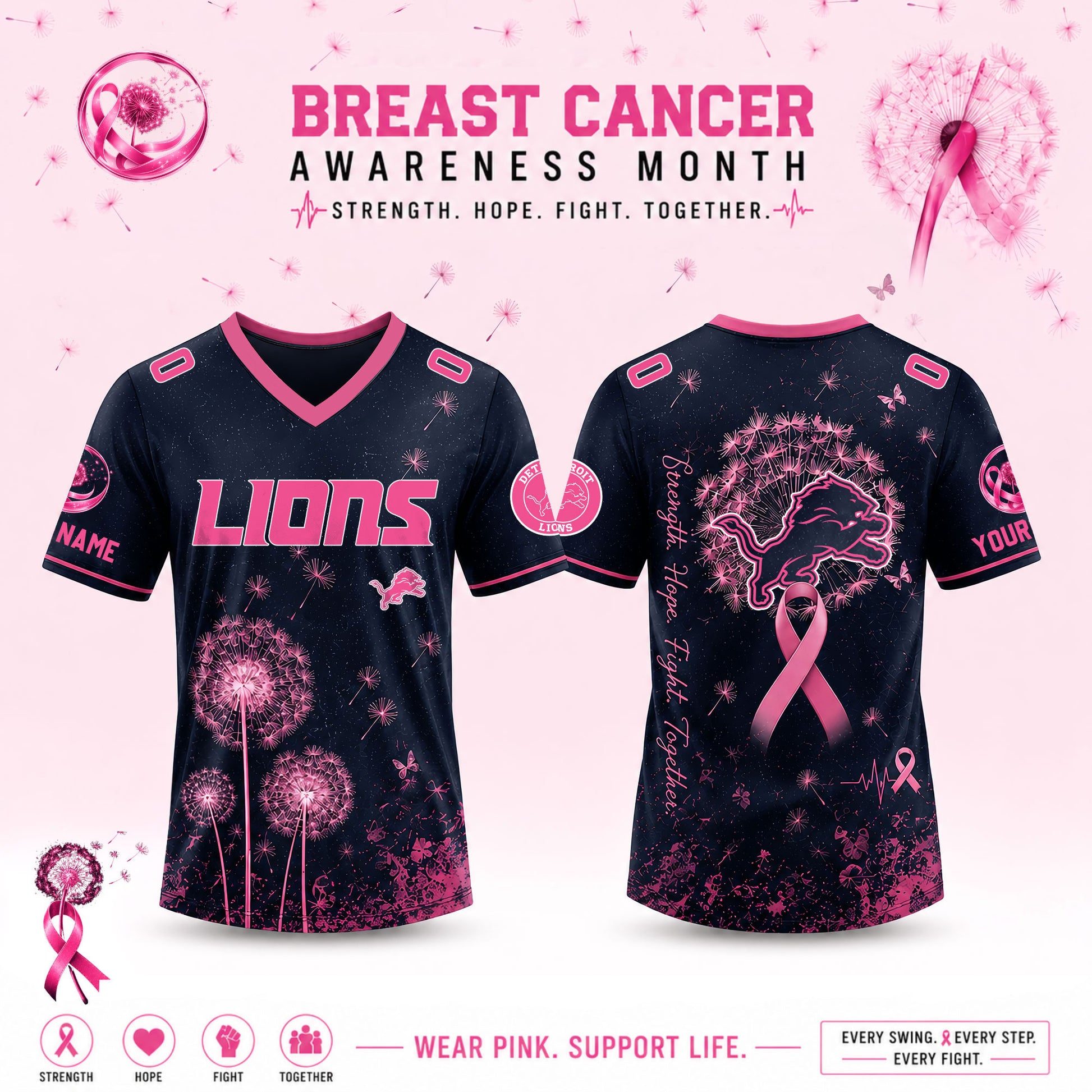 Limited Edition Detroit Lions 2026 Breast Cancer Awareness x Dandelion of Hope V-neck Short Sleeve Jersey