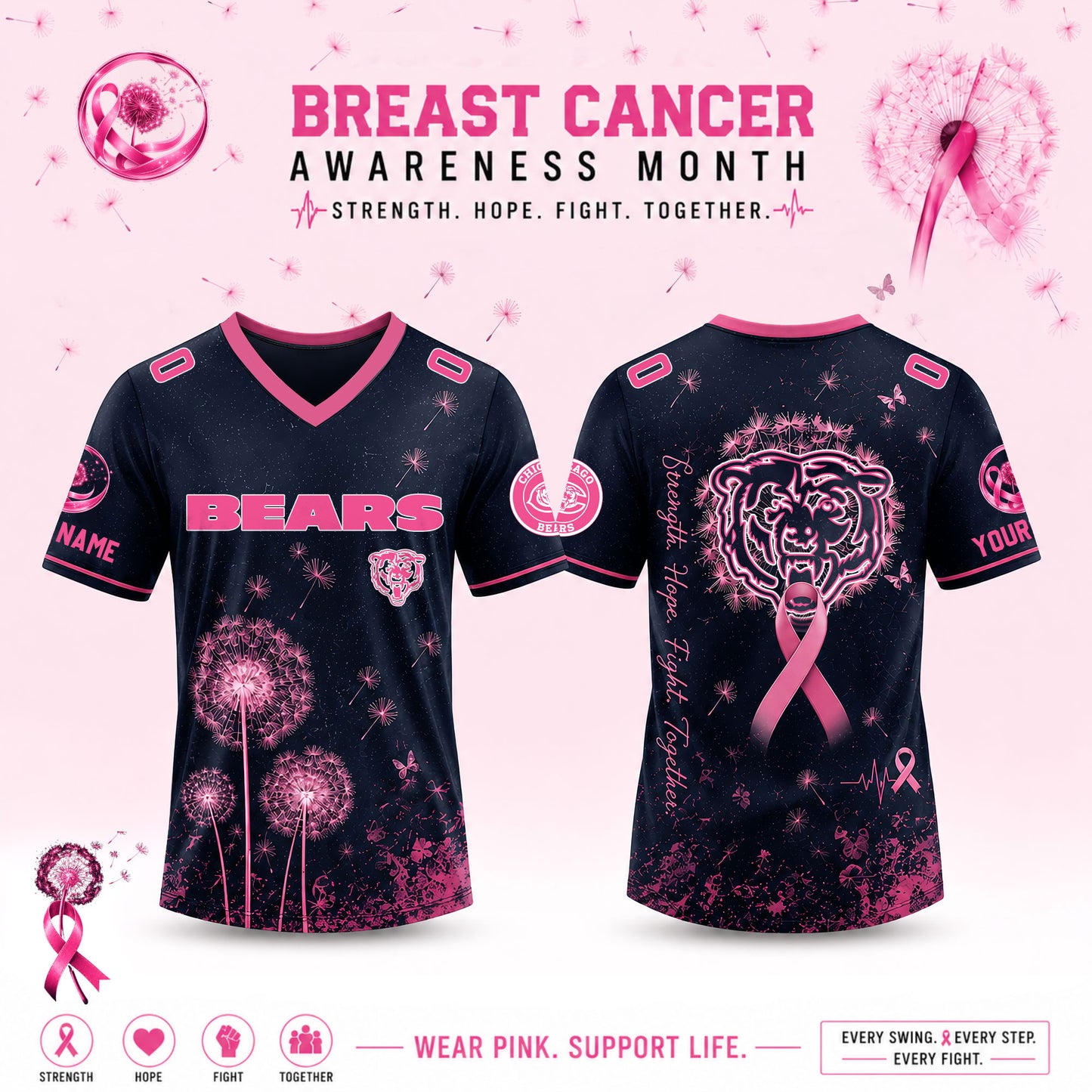 Limited Edition Chicago Bears 2026 Breast Cancer Awareness x Dandelion of Hope V-neck Short Sleeve Jersey