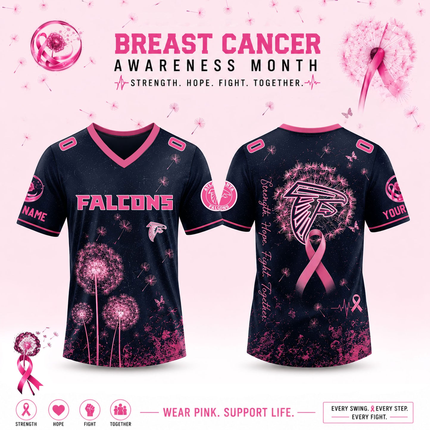 Limited Edition Atlanta Falcons 2026 Breast Cancer Awareness x Dandelion of Hope V-neck Short Sleeve Jersey