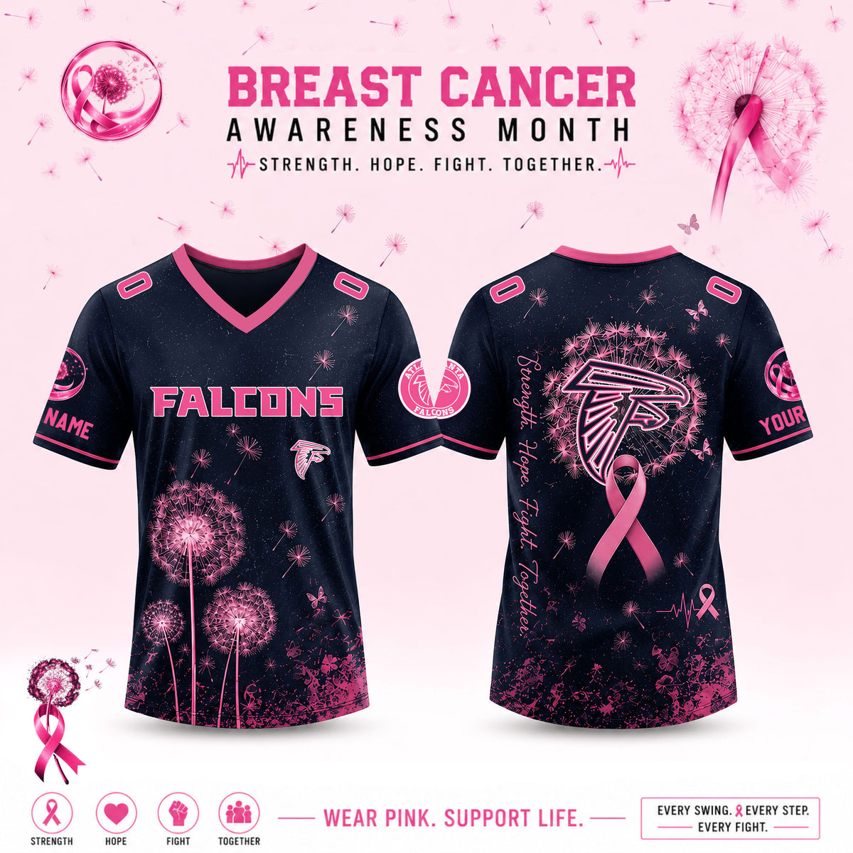 Limited Edition Atlanta Falcons 2026 Breast Cancer Awareness x Dandelion of Hope V-neck Short Sleeve Jersey