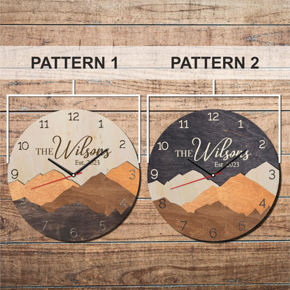 Large Mountain Wall Clock, Custom Last Name Sign & 5th Anniversary Gift
