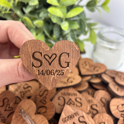 Rustic heart shaped tags, wedding boutonniere, engraved wood hearts, engraved rustic boutonniere, wood wedding pins, wooden name hearts