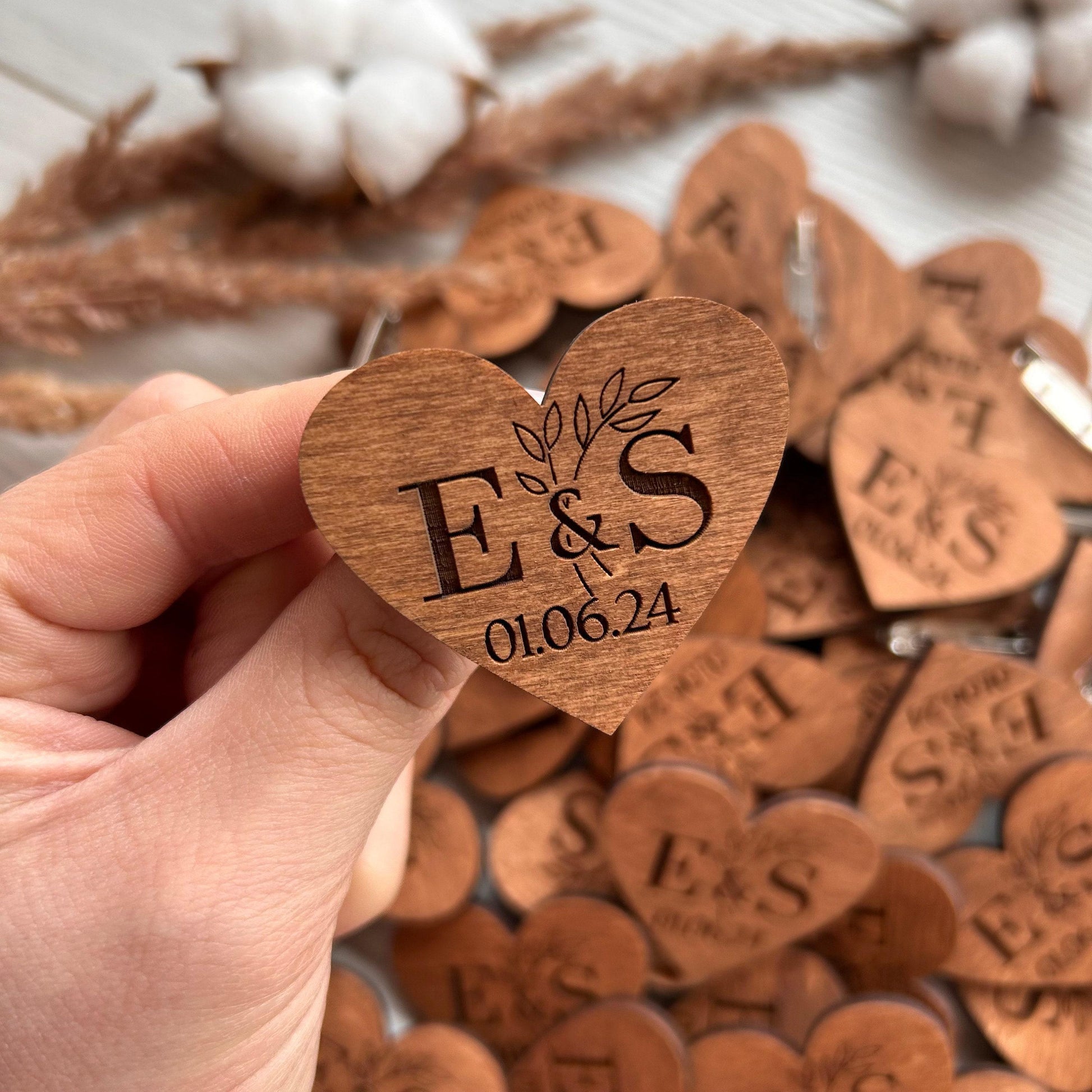 Wooden Engraved Wedding Hearts, Custom Save The Date Pins And Unique Guest Boutonnieres