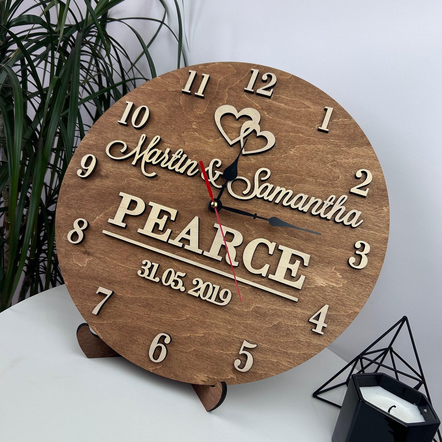 Boho wood engraved clock, personalized family name clock, ideas clock decor, handmade wood clock, custom name clock, housewarming ideas
