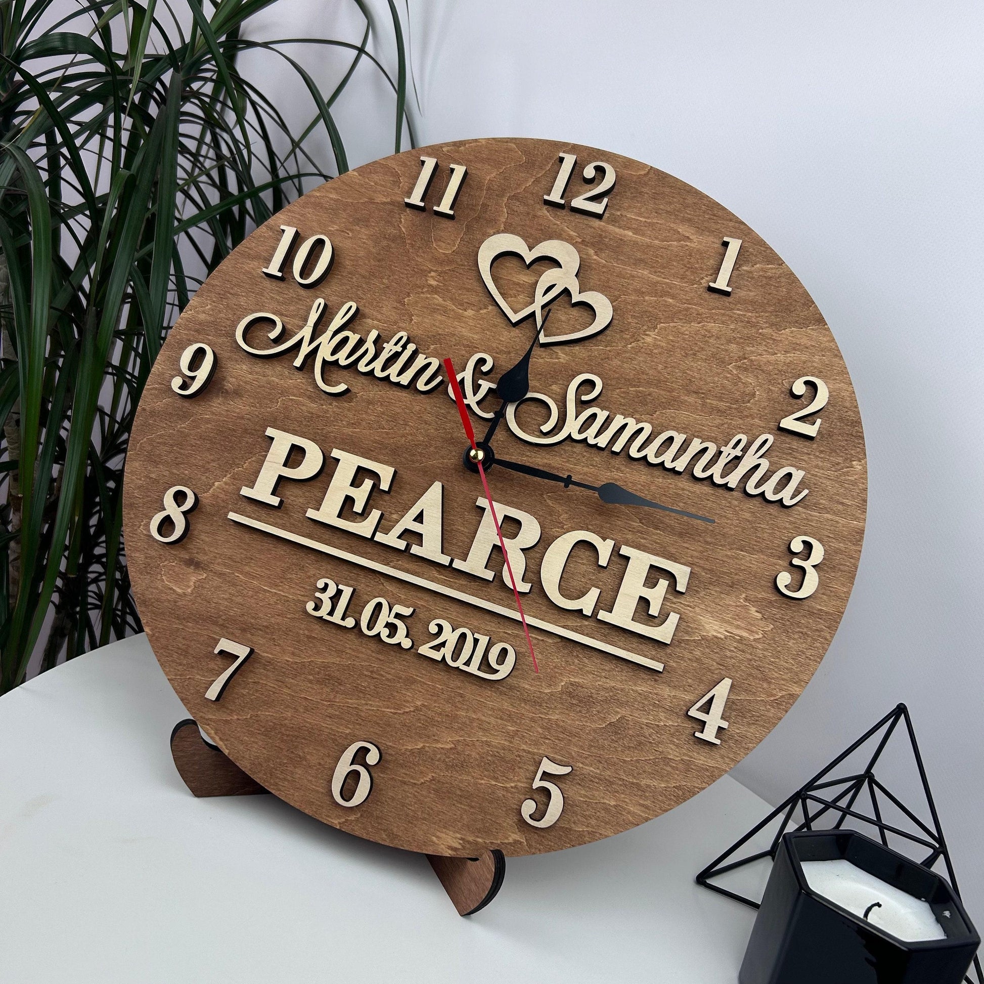 Boho wood engraved clock, personalized family name clock, ideas clock decor, handmade wood clock, custom name clock, housewarming ideas
