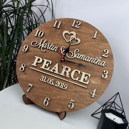Boho wood engraved clock, personalized family name clock, ideas clock decor, handmade wood clock, custom name clock, housewarming ideas