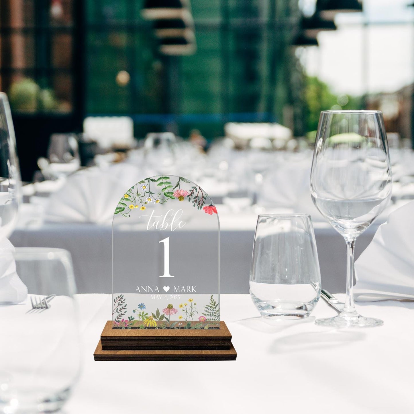 Clear flower table number, number with stand, wildflower numbers, table number set, wedding table floral number, wedding table decor