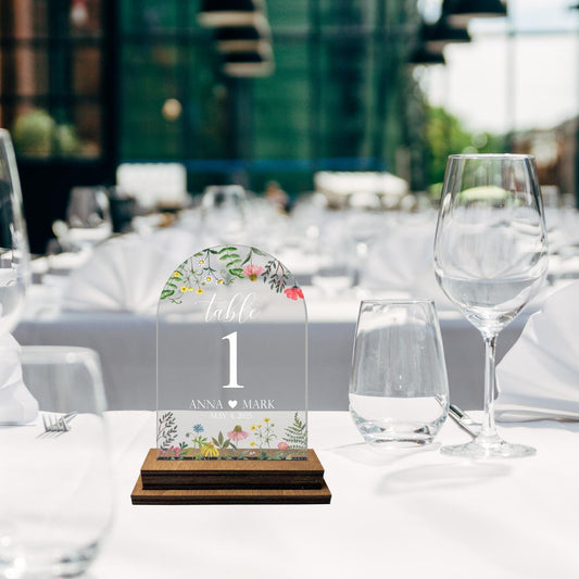 Clear flower table number, number with stand, wildflower numbers, table number set, wedding table floral number, wedding table decor