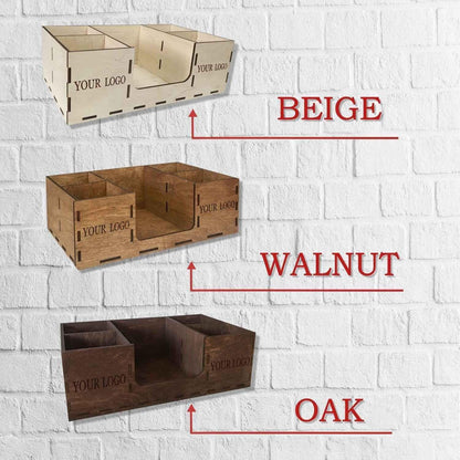 Coffee Station Organizer, Wood Napkin Holder, Custom Logo Gift, Countertop Storage